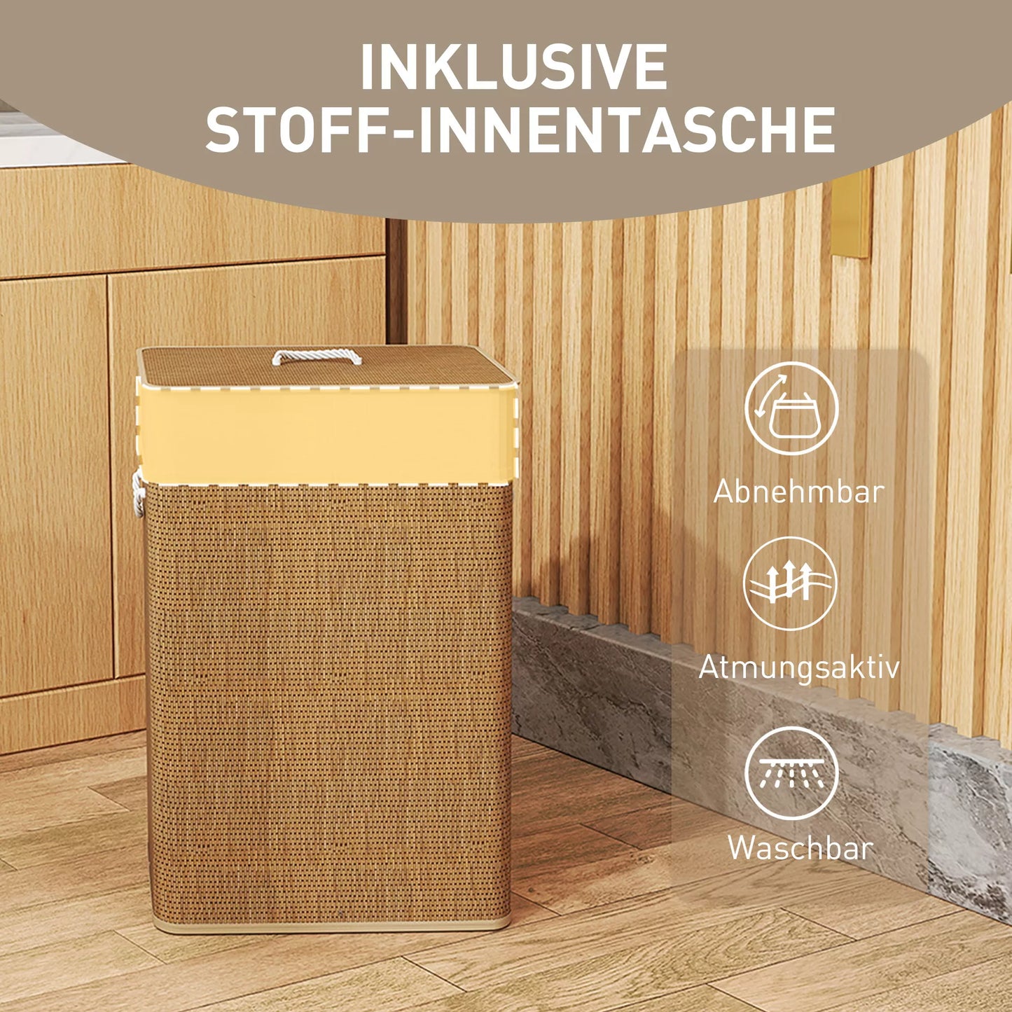 Bambukinė skalbinių dėžė su dangčiu 72 L, su bambuko rankenomis, nuimamu skalbinių maišu, ruda