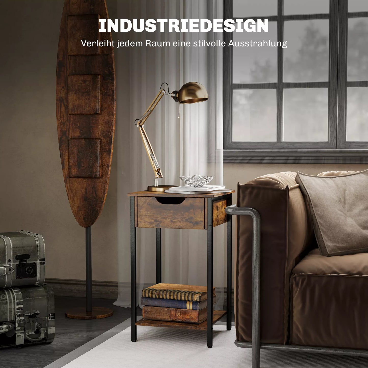 Pagalbinis staliukas pramoninio stiliaus, su stalčiumi, lentyna, metaliniu rėmu, mediena, 40 x 40 x 68 cm, rudas