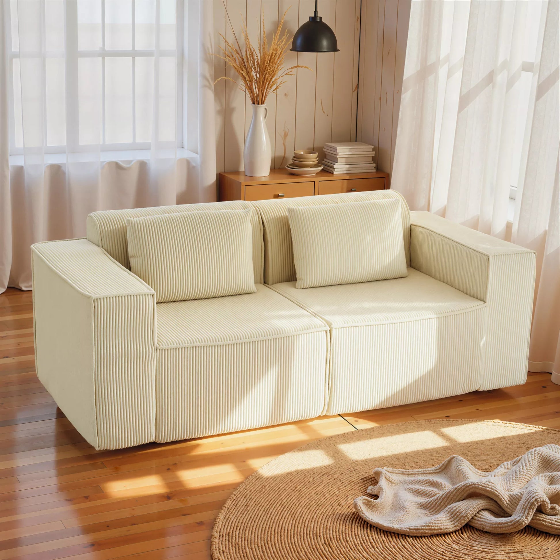 3-vietės sofa, minkšta putplasčio struktūra, plačios porankiai, 2 pagalvės, kordas apmušalas, smėlio spalvos