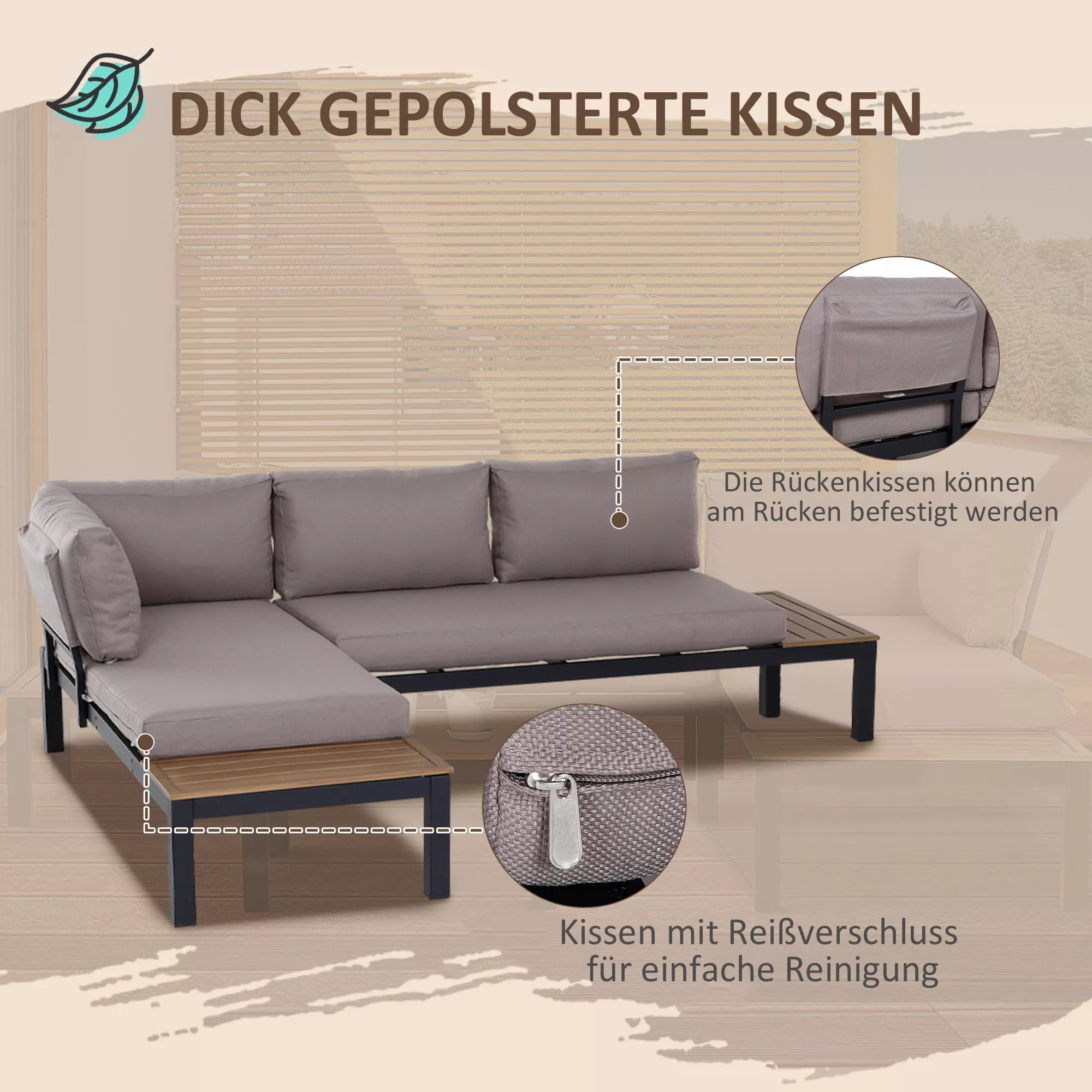 Sodo baldų komplektas 3 asmenims su pagalbiniu staliuku, sofa su pagalvėlėmis, skirtas lauke naudoti, pagamintas iš aliuminio, 164 x 74 x 69 cm