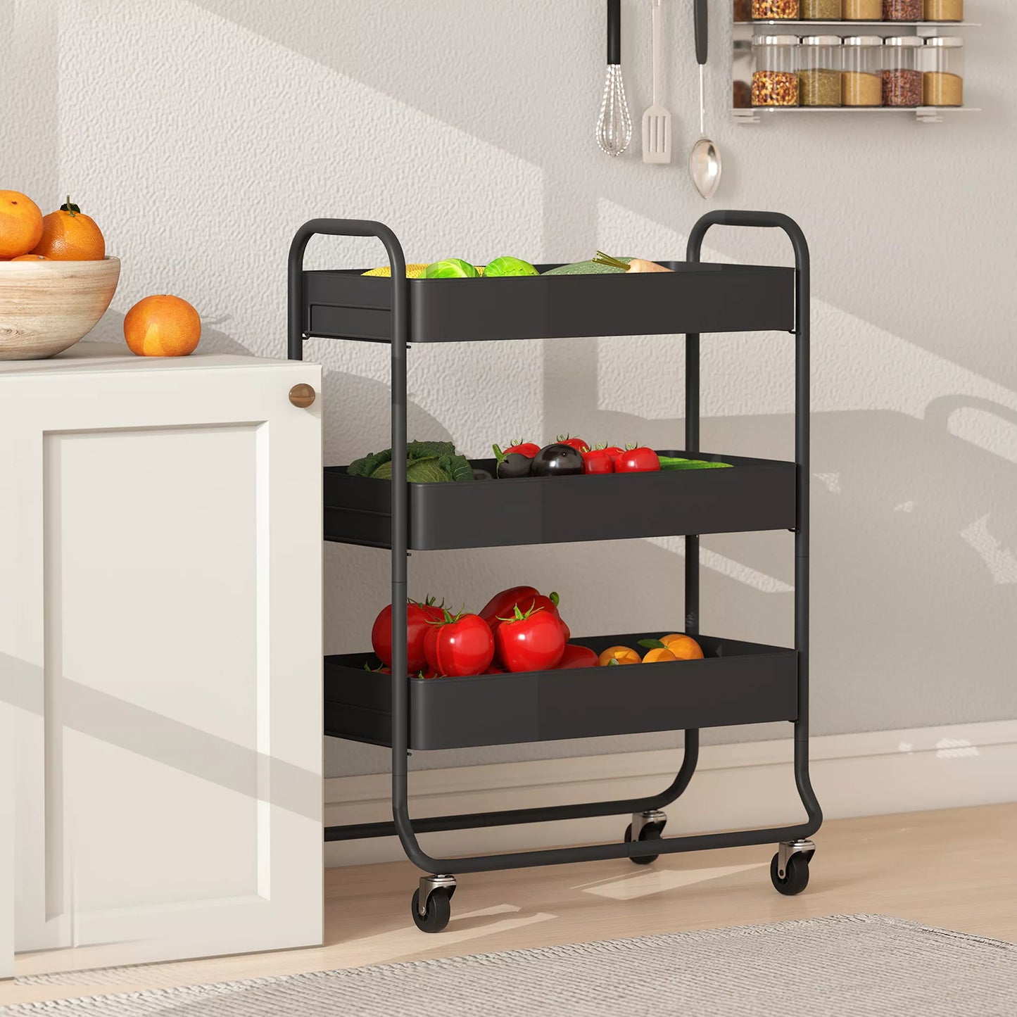Virtuvės vežimėlis, 3 krepšiai, 4 ratukai, metalas, juodas