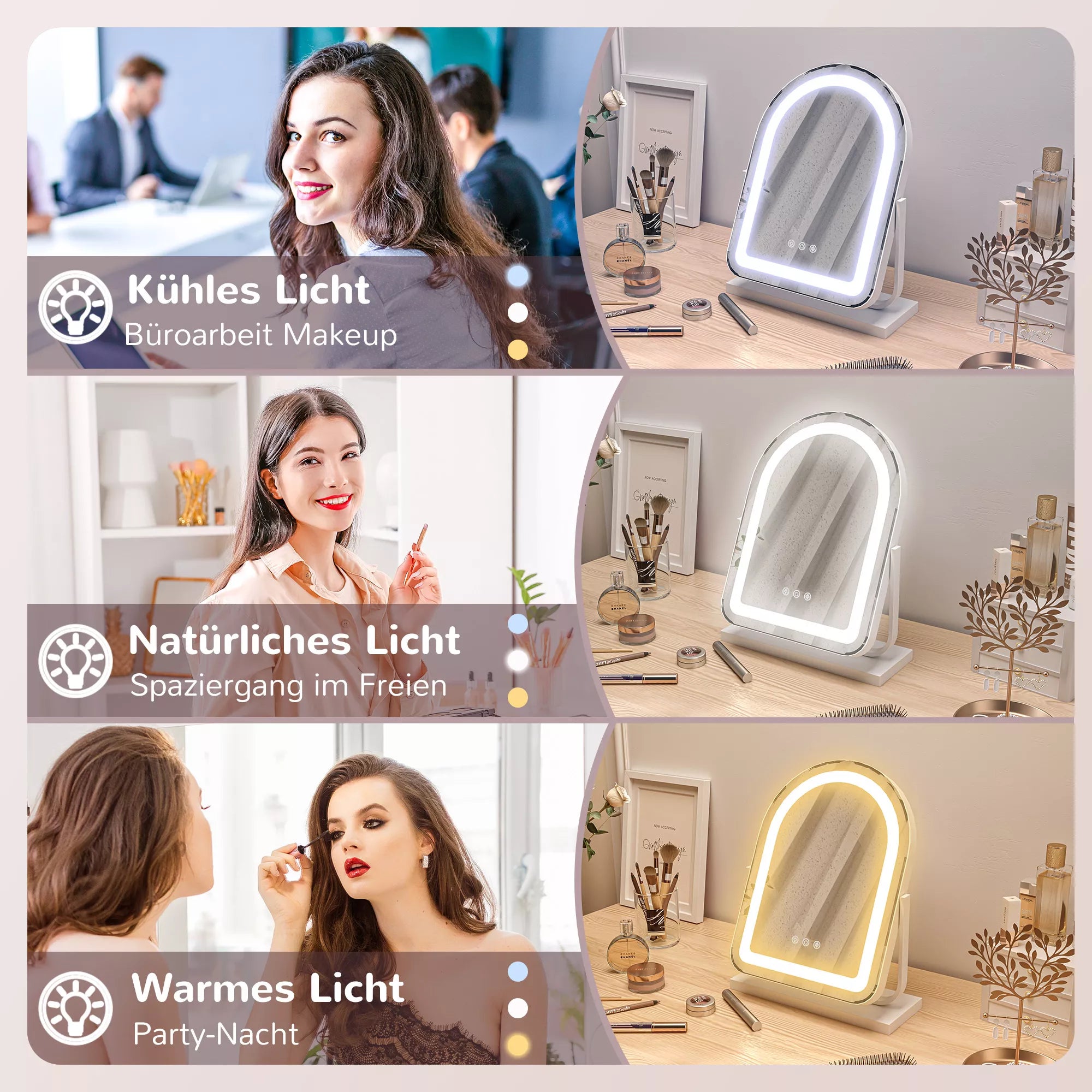 Kosmetinis veidrodis su LED apšvietimu, 3 šviesos temperatūromis, pasukamas, su lietimui jautriu valdymu, baltas