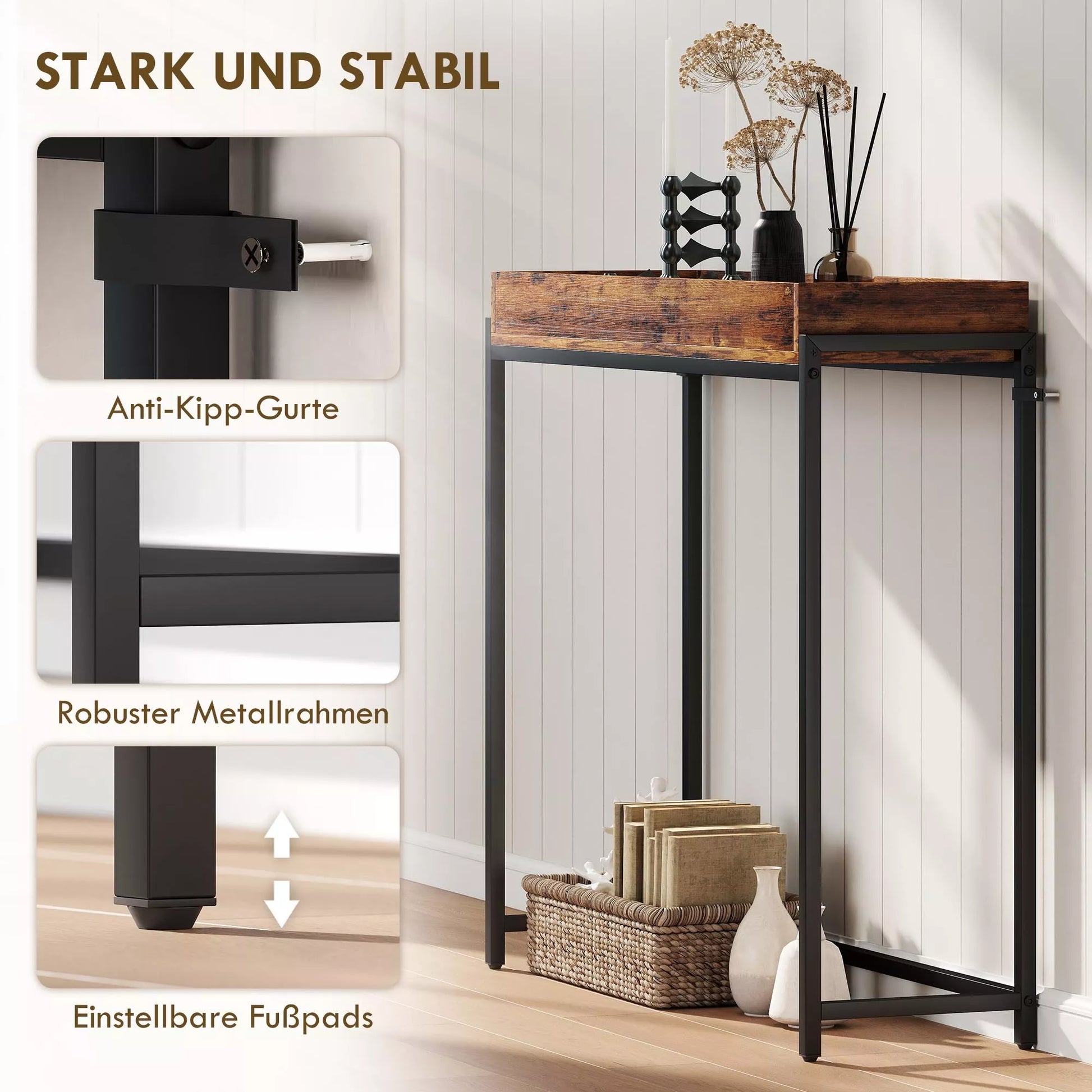 Koridoriaus stalas, siauras konsolinis stalas, metalas, medžio drožlių plokštė, rusvi