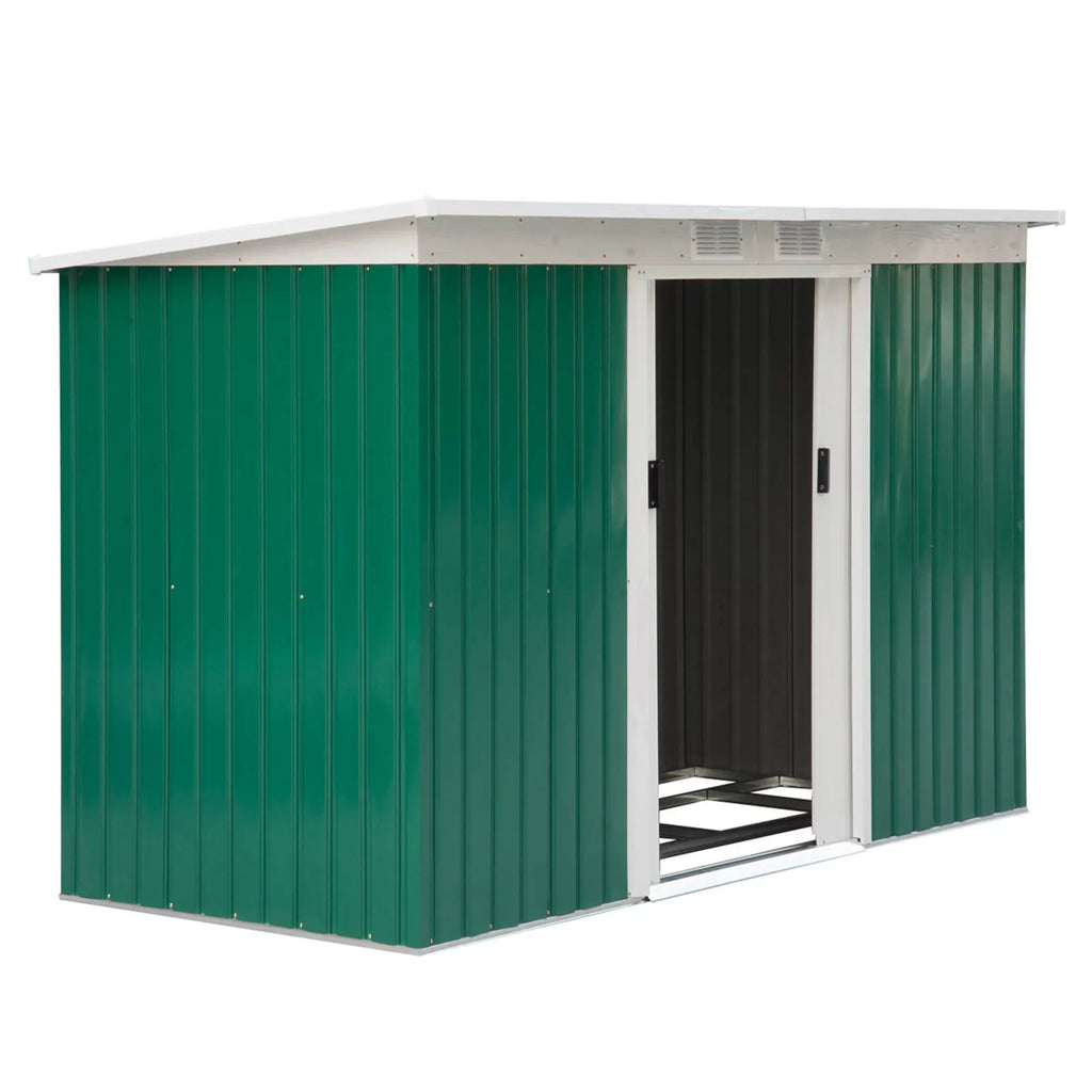 Metalinis įrankių sandėliukas 6,3 m³ 280 x 130 x 172 cm Įrankių sandėliukas su vienšlaičiu stogu Stumdomos durys Atsparus atmosferos poveikiui Sodo namelis Lauko sodo sandėliukas Spinta kiemui Lauko erdvėms Antracitas, tamsiai žalia