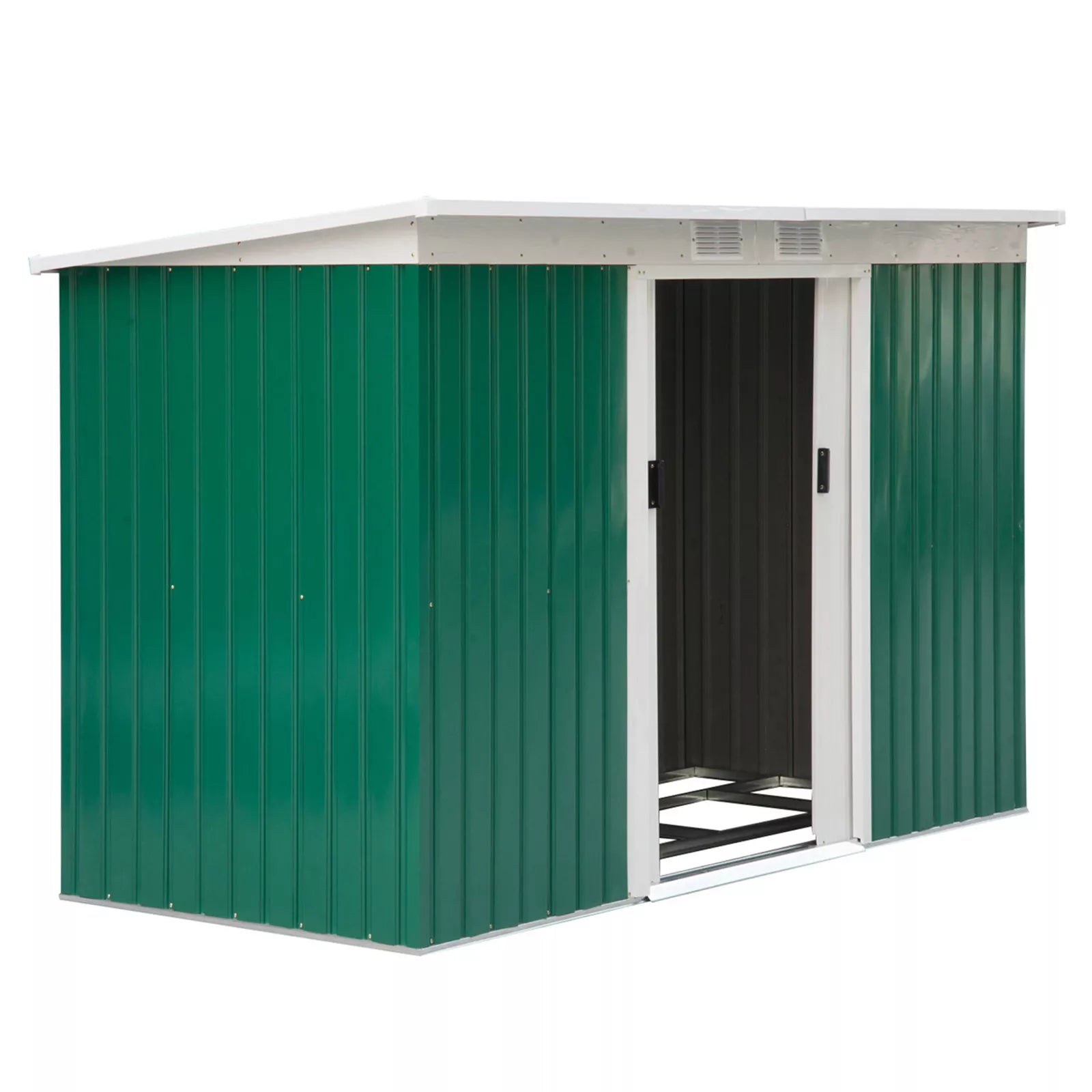 Metalinis įrankių sandėliukas 6,3 m³ 280 x 130 x 172 cm Įrankių sandėliukas su vienšlaičiu stogu Stumdomos durys Atsparus atmosferos poveikiui Sodo namelis Lauko sodo sandėliukas Spinta kiemui Lauko erdvėms Antracitas, tamsiai žalia