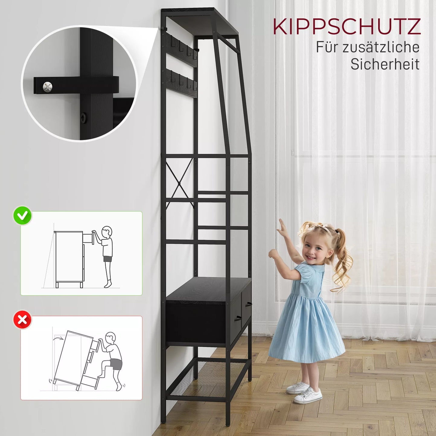 Drabužių kabykla su batų lentyna, drabužių stovas industrinio dizaino, 2 audinio stalčiai, 8 kabliukai, metalinis rėmas, juoda