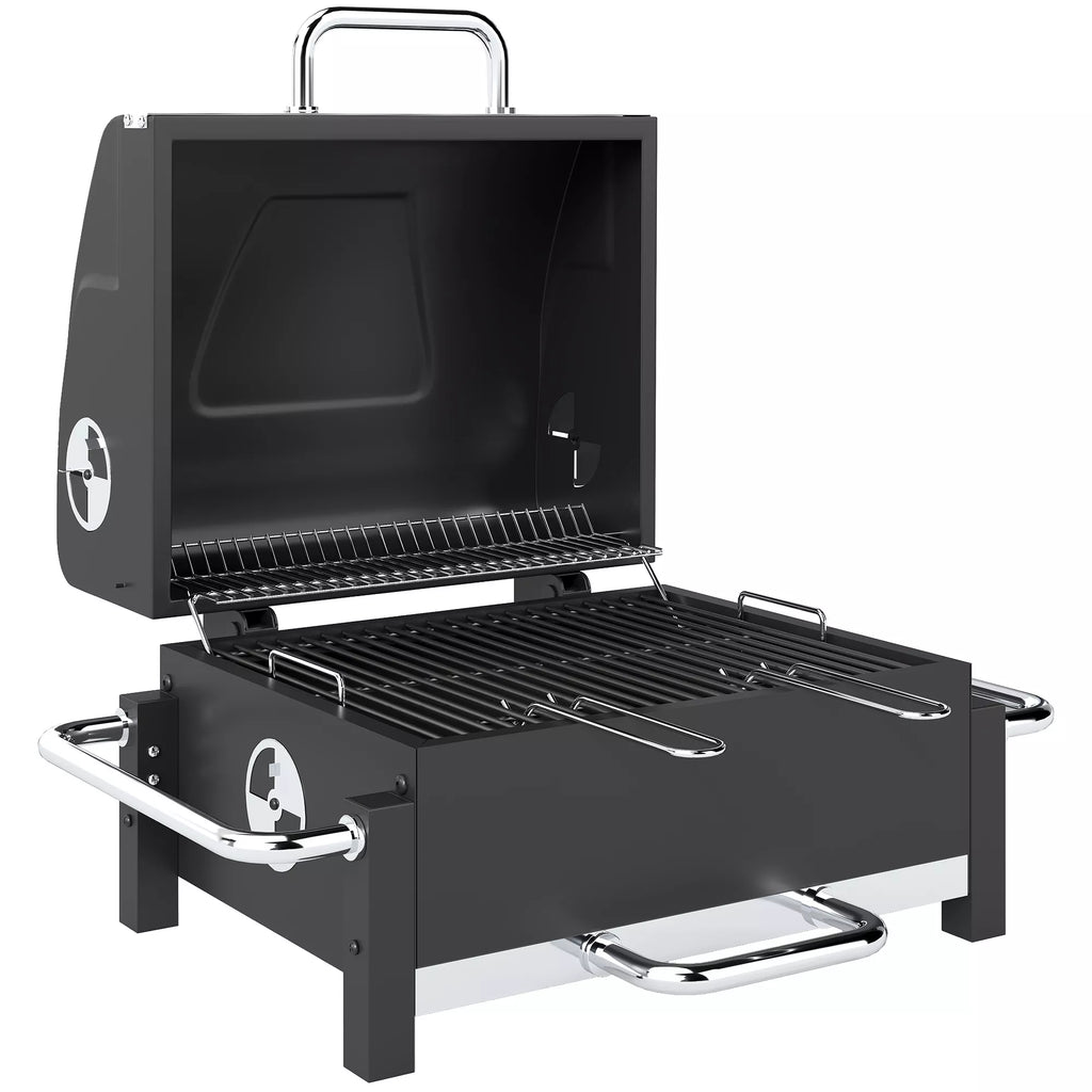 Plieninis anglies grilis, nešiojamas BBQ rūkintuvas su dangčiu, reguliuojama ventiliacija, dviejų lygių anglies dėžė, termometras