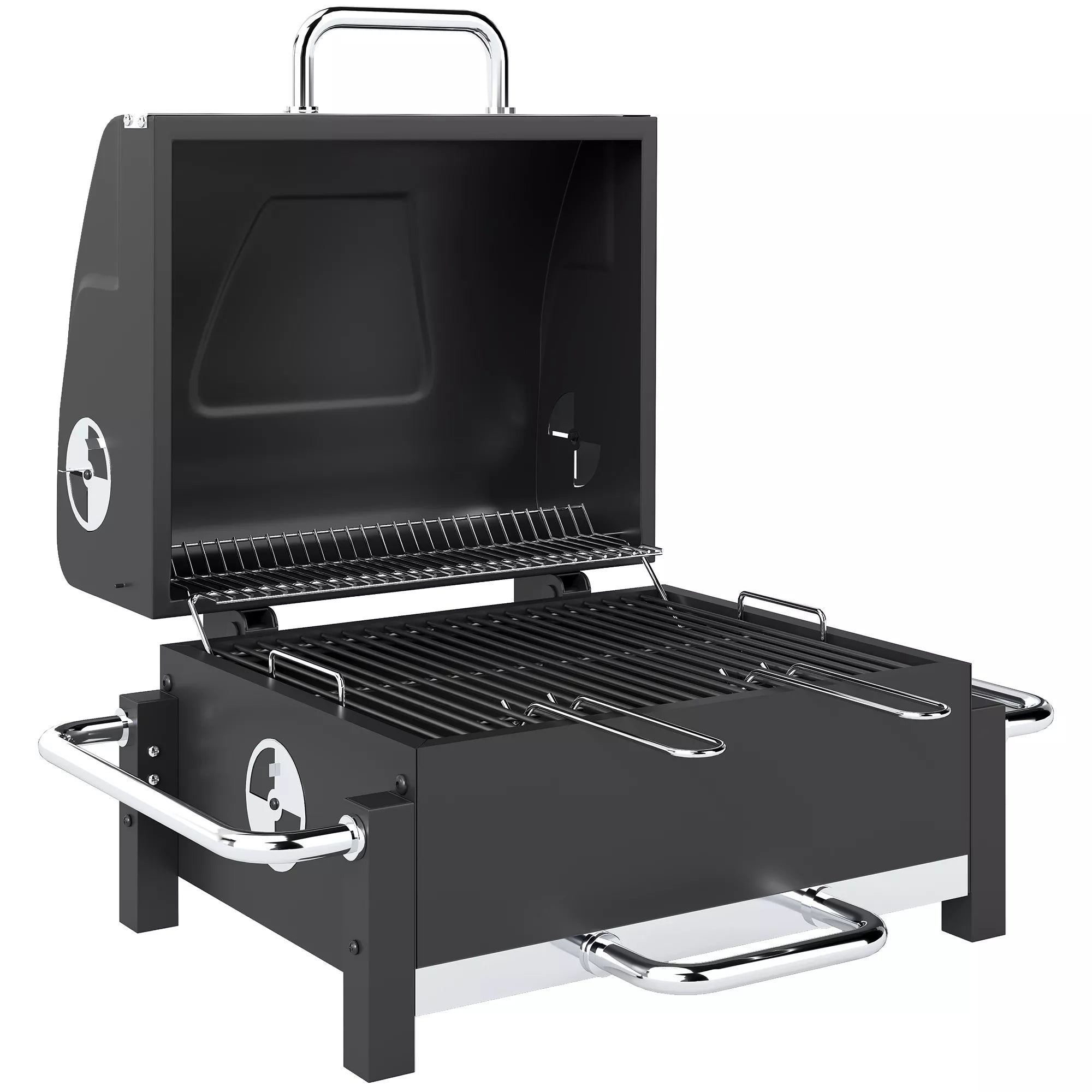 Plieninis anglies grilis, nešiojamas BBQ rūkintuvas su dangčiu, reguliuojama ventiliacija, dviejų lygių anglies dėžė, termometras