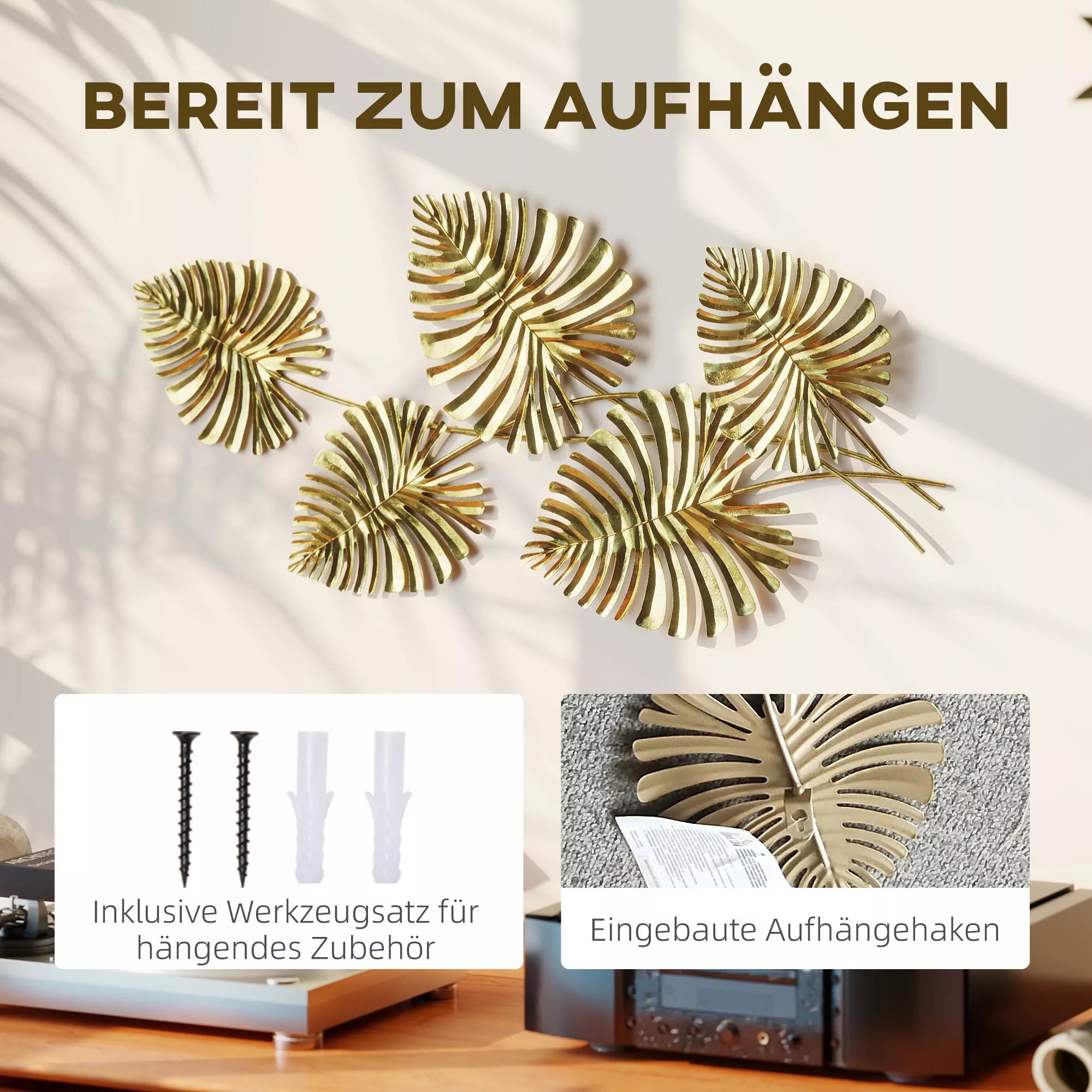 Sienų dekoracija metalinė, monstera lapų formos, 83 cm, auksinė