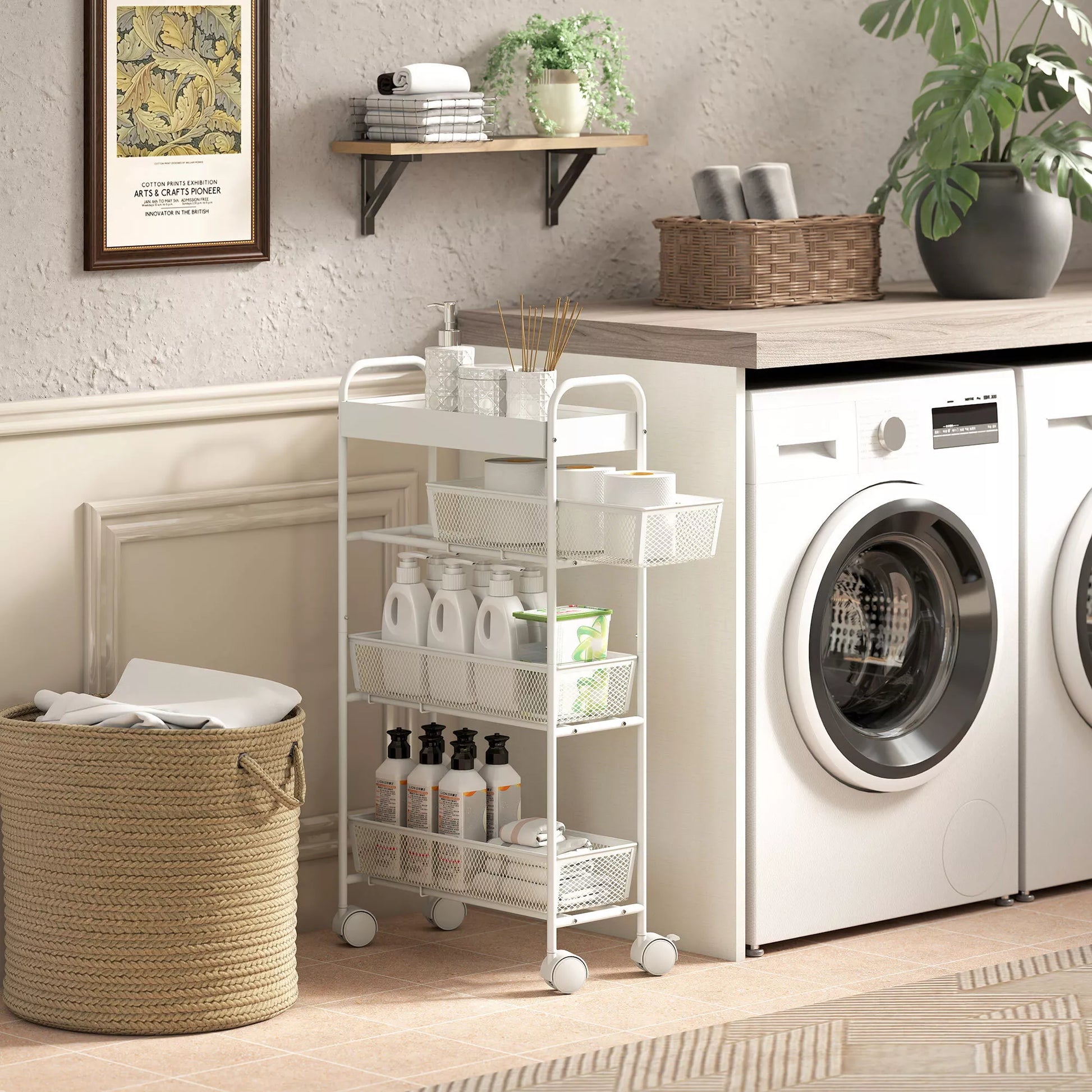 Metalinis virtuvės vežimėlis, 3 krepšiai, siauras dizainas, 4 ratai, skirtas virtuvei, svetainei, vonios kambariui, baltas