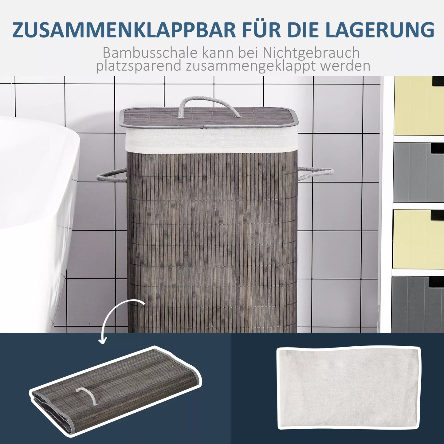 HOMCOM Skalbinių krepšys su rankenomis ir skalbinių maišeliu, kurį galima skalbti, rotango, poliesterio, medvilnės, metalo, 43I x 32P x 61A cm, pilkas