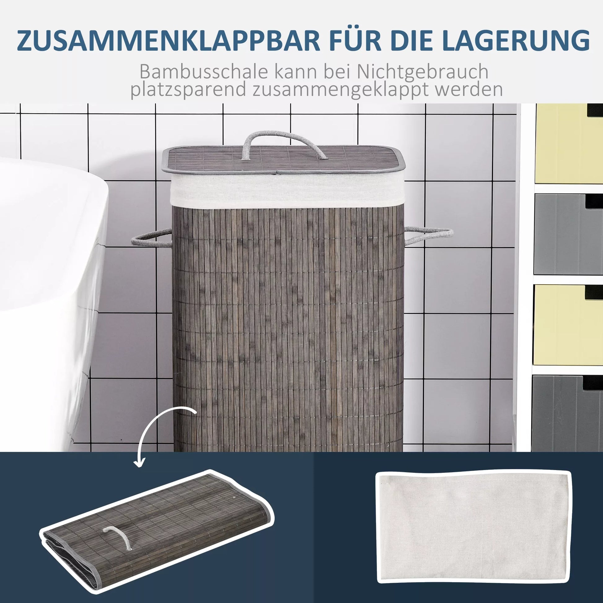 HOMCOM Skalbinių krepšys su rankenomis ir skalbinių maišeliu, kurį galima skalbti, rotango, poliesterio, medvilnės, metalo, 43I x 32P x 61A cm, pilkas