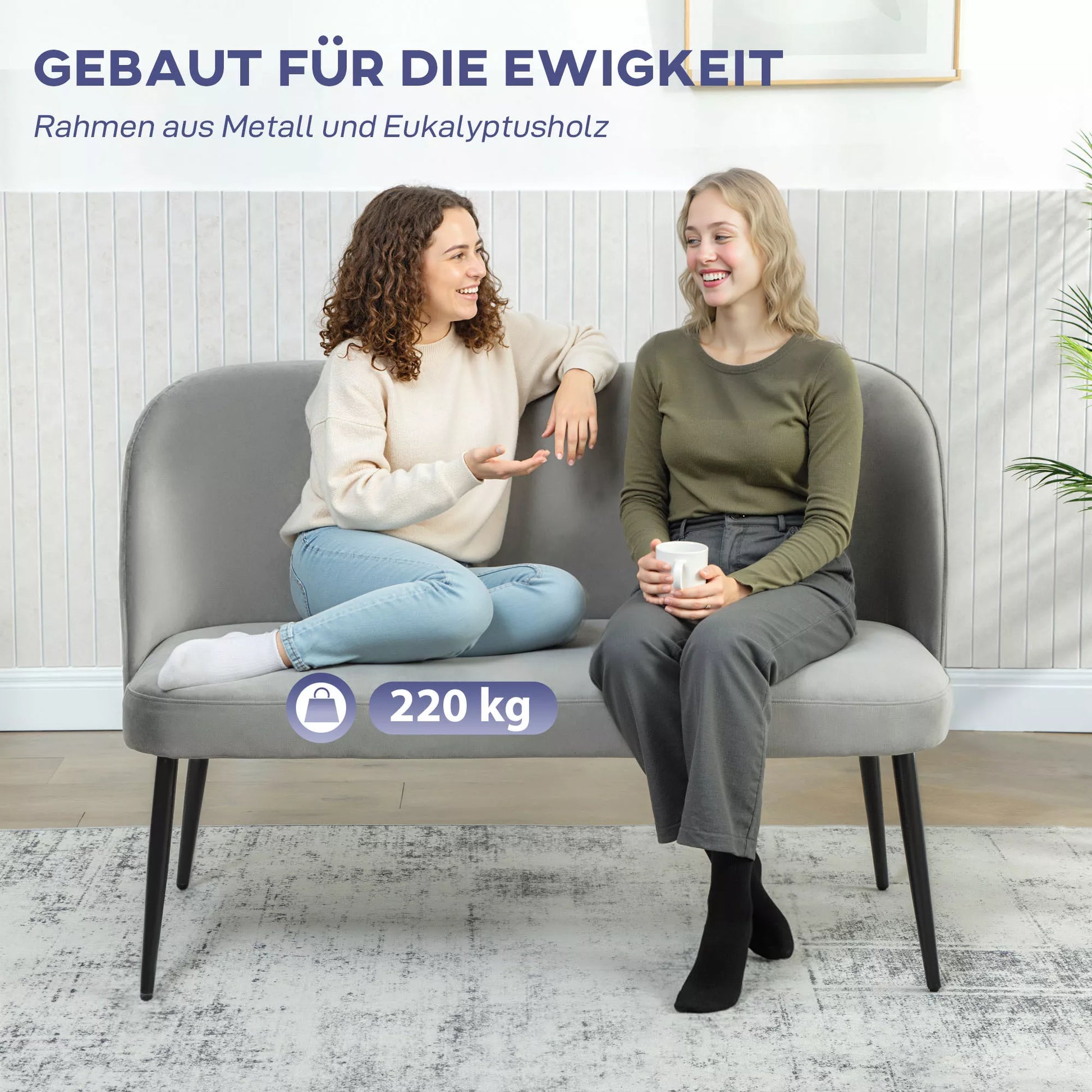 2-vietė sofa, moderni minkšta sofa su metaliniu ir mediniu rėmu, aksomo audinio apmušalas, pilkos spalvos