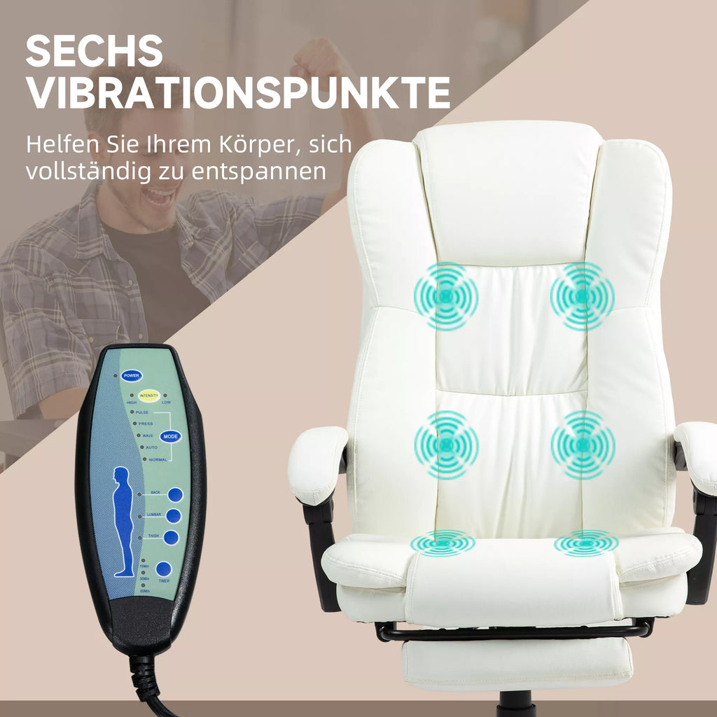 Reguliuojamas sukiojamas krėslas su atlošu kojoms, atlošu galvai, masažo funkcija, dirbtinė oda, 68,5x68,5x113-121 cm, kreminė balta spalva