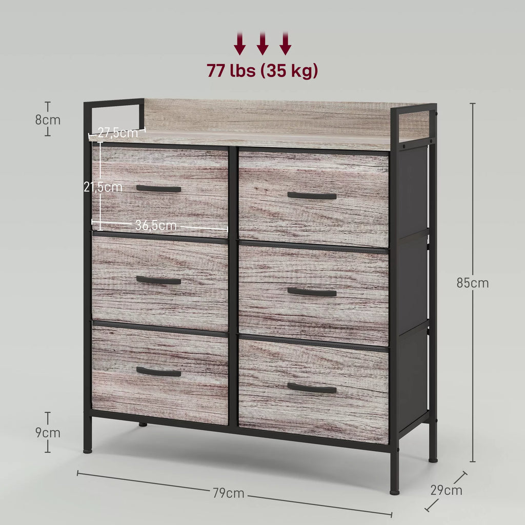 Audinių komoda, 6 sulankstomi stalčiai, lentyna, plieninis rėmas, 79 x 29 x 85, pilka