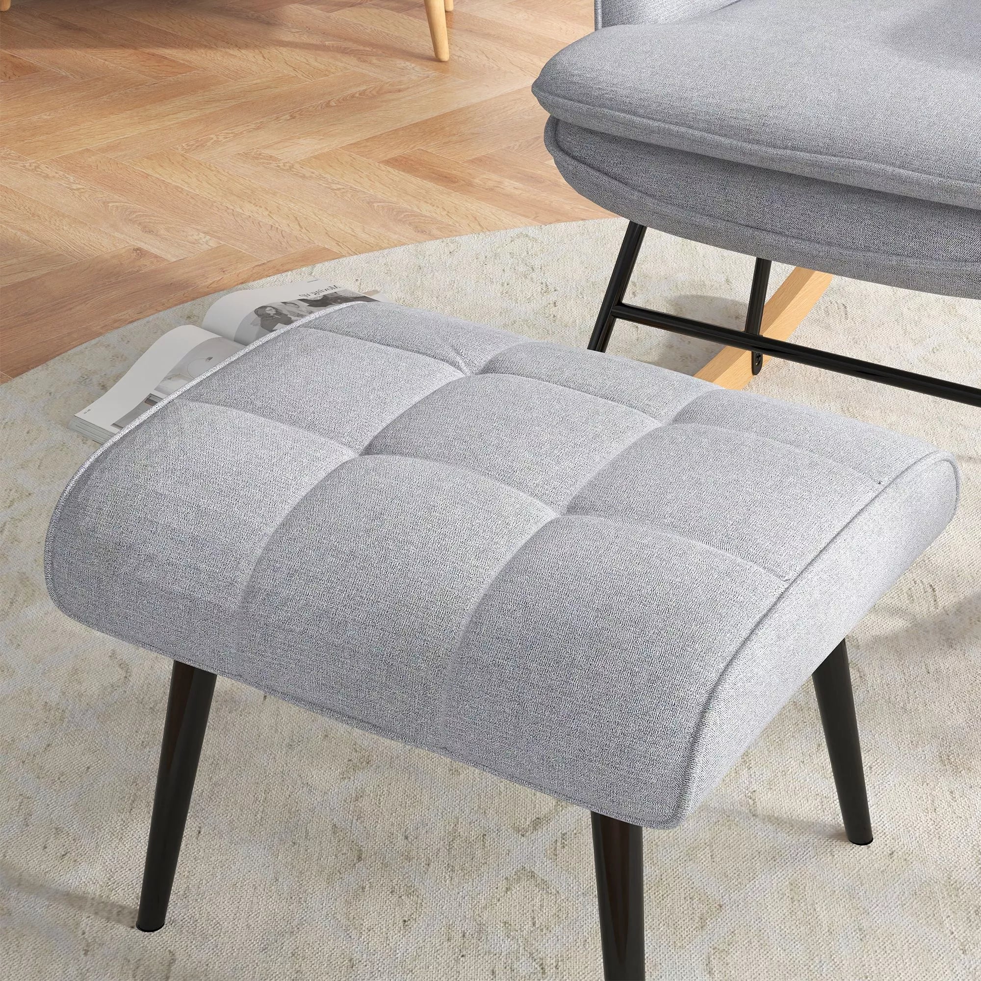 Sūpynės kėdė su pufu Skandidesign Sūpynės kėdė su pufu, bukmedžio, dygsniuota, 64 cm x 89 cm x 90 cm Pilka