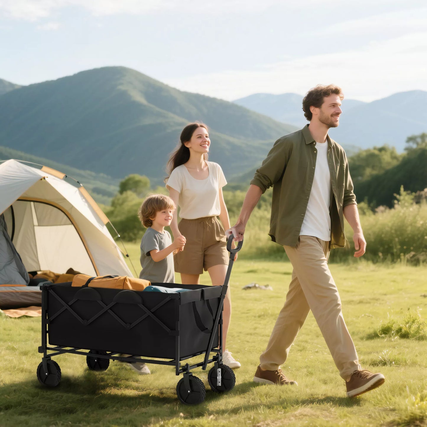 Sodo vežimėlis, kurio apkrova 100 kg, sulankstomas, prailgintas transportavimo vežimėlis su nuimamu tentu, juodos spalvos