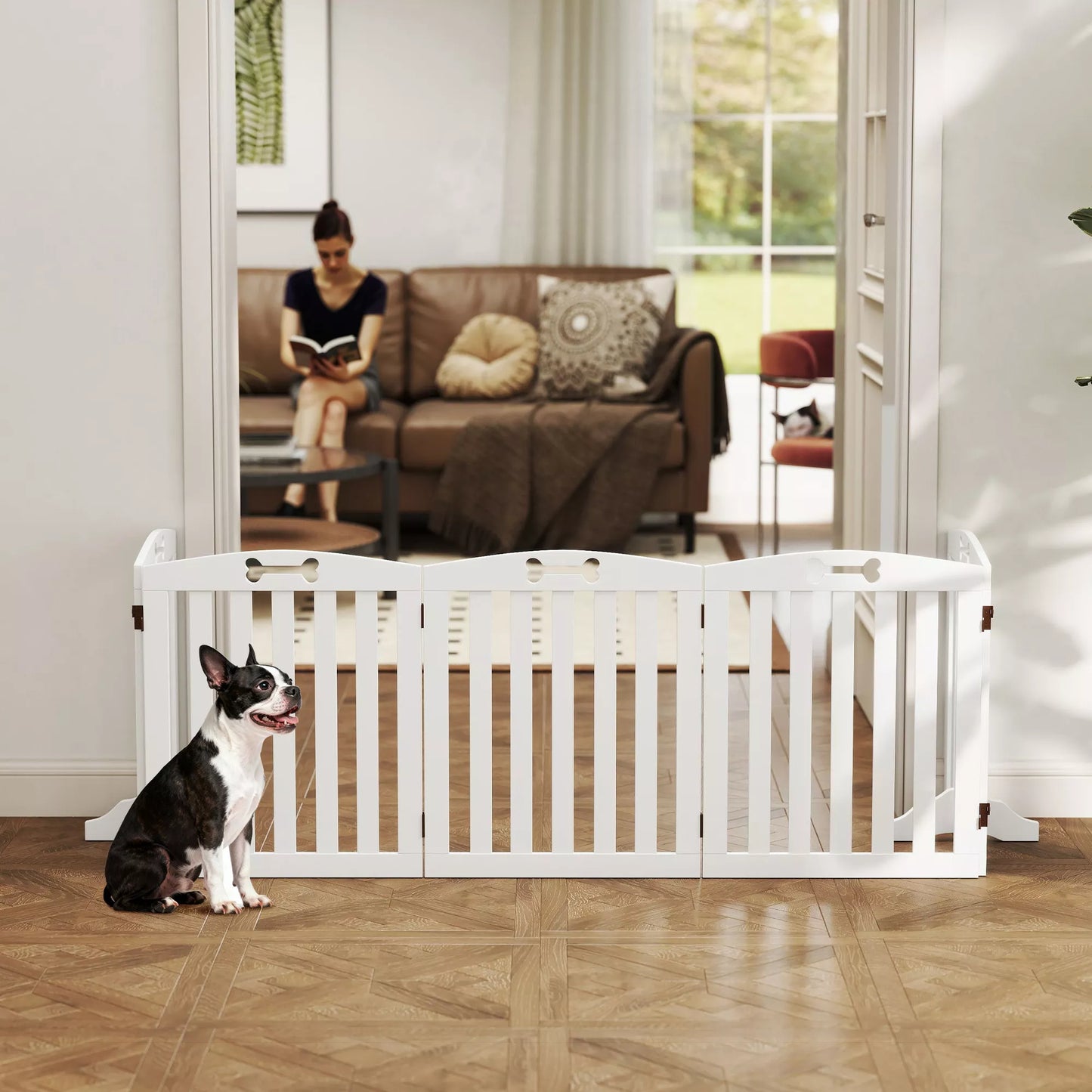 Laisvas stovintis šunų aptvaras su atraminėmis kojomis, skirtas durų angai, koridoriui, laiptams, 258 x 30 x 61 cm, baltas