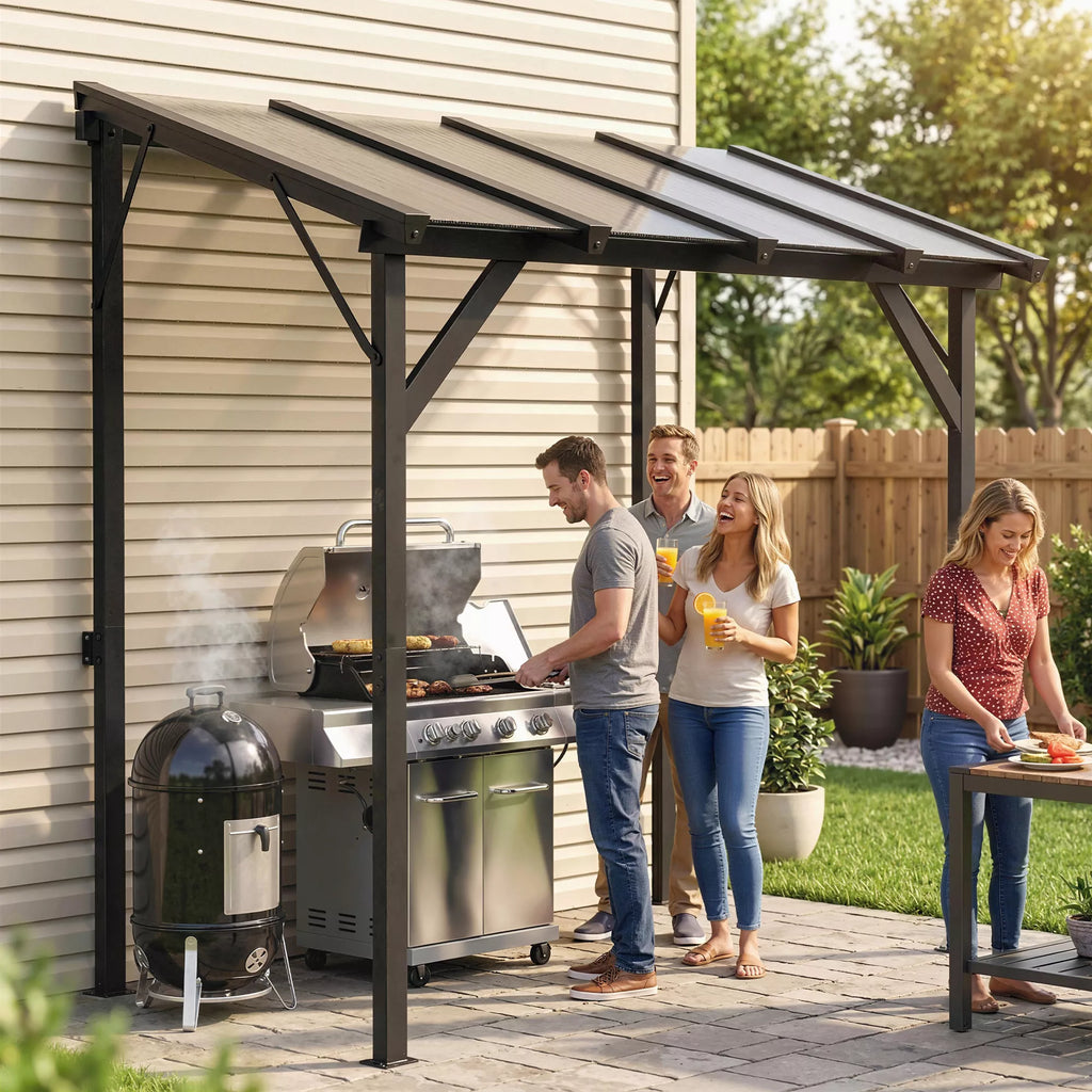 Grill paviljonas 2,44 x 1,48 m Sodo paviljonas su vienšlaičiu stogu, sodo pavėsinė su UV apsauga 50+ Tamsiai pilka