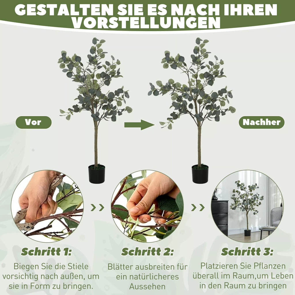 Dirbtinis augalas, tikroviškas dirbtinis medis, cementiniame vazone, nereikalaujantis priežiūros, žalias