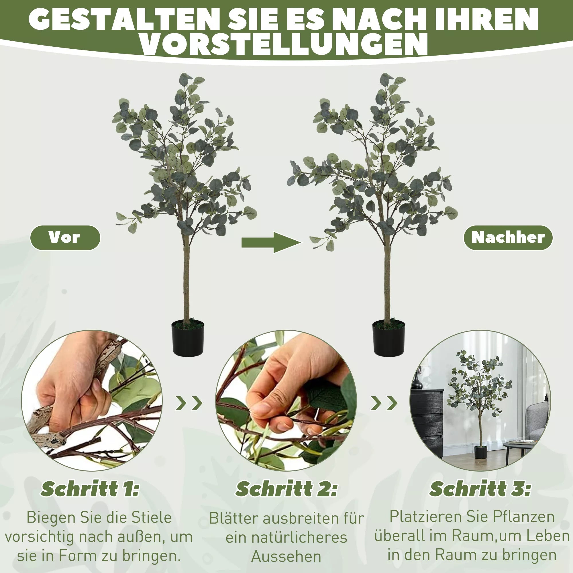 Dirbtinis augalas, tikroviškas dirbtinis medis, cementiniame vazone, nereikalaujantis priežiūros, žalias