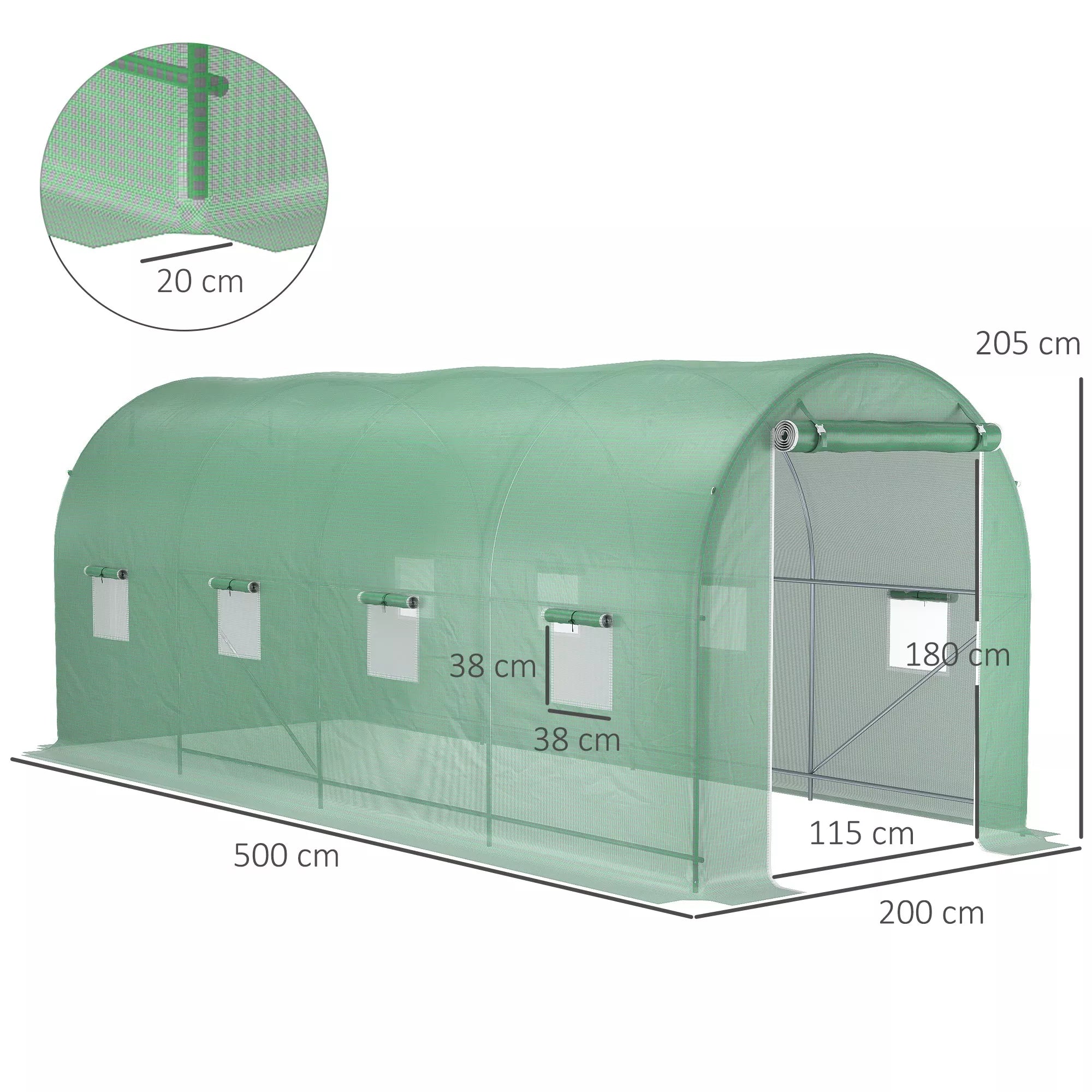 Šiltnamis 500x200x205 cm Plėvelinis šiltnamis Pomidorų šiltnamis su durimis, 8 langais, plėvelinis tunelis iš cinkuoto plieno, PE, tvirtas šiltnamis Augalų tunelis, įskaitant žemės inkaro ir virves, žalias