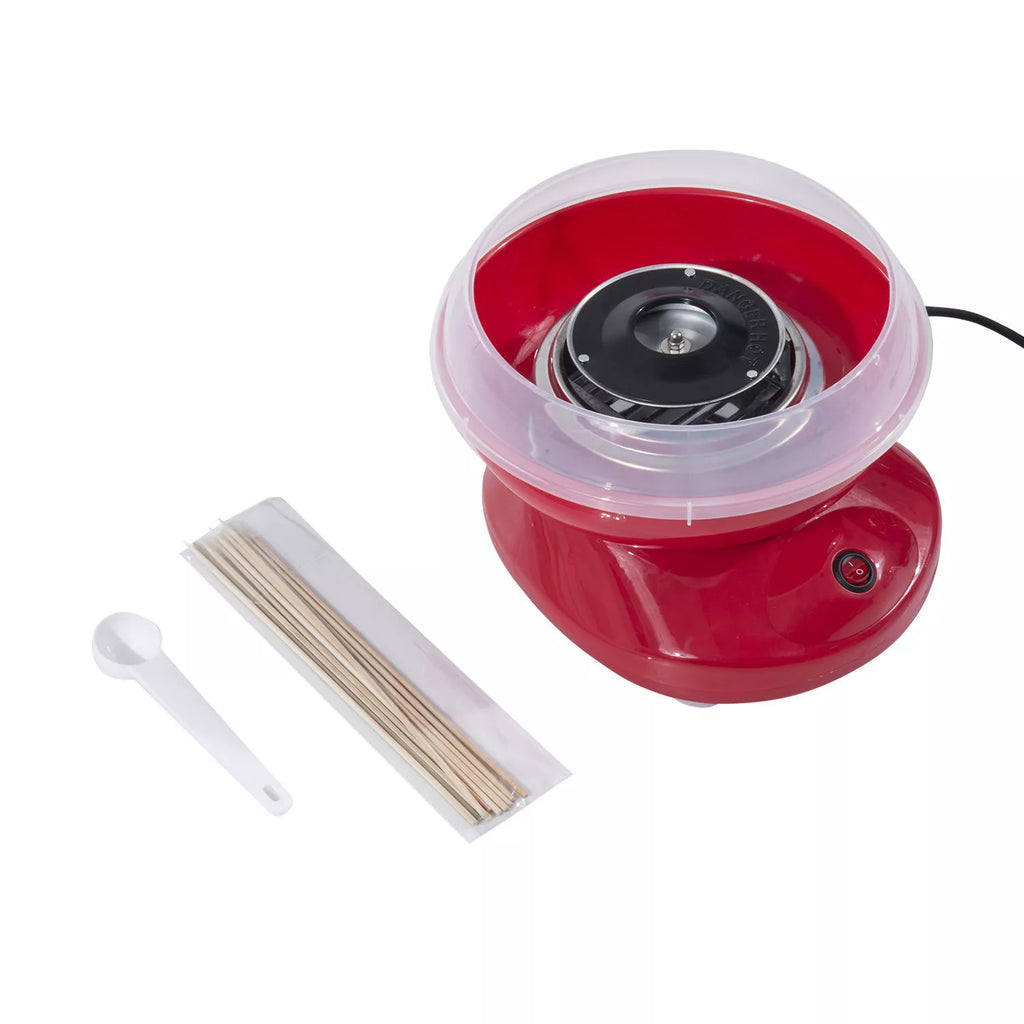 Cukraus vatos aparatas namams Cotton Candy Machine Cukraus vatos aparatas su lazdelėmis ir matavimo šaukštu Aukštis 18 cm 550 W Vaikų šventėms, gimtadieniams, vakarėliams Raudonas