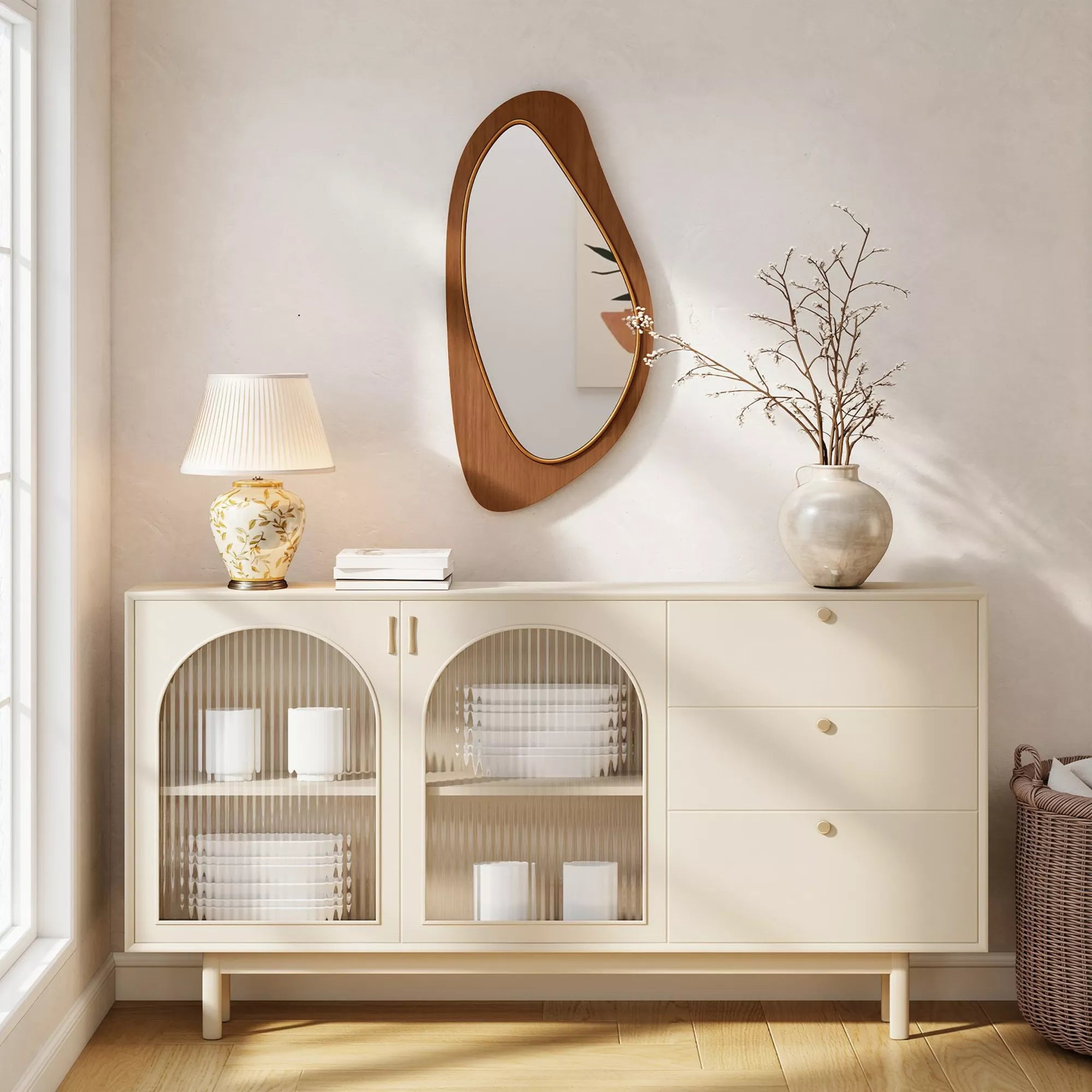 Sieninis veidrodis, veidrodis su pušies faneros rėmu miegamajam ir svetainei, stiklas ir pušies fanera, 91,5x45x3 cm, natūrali medžio spalva