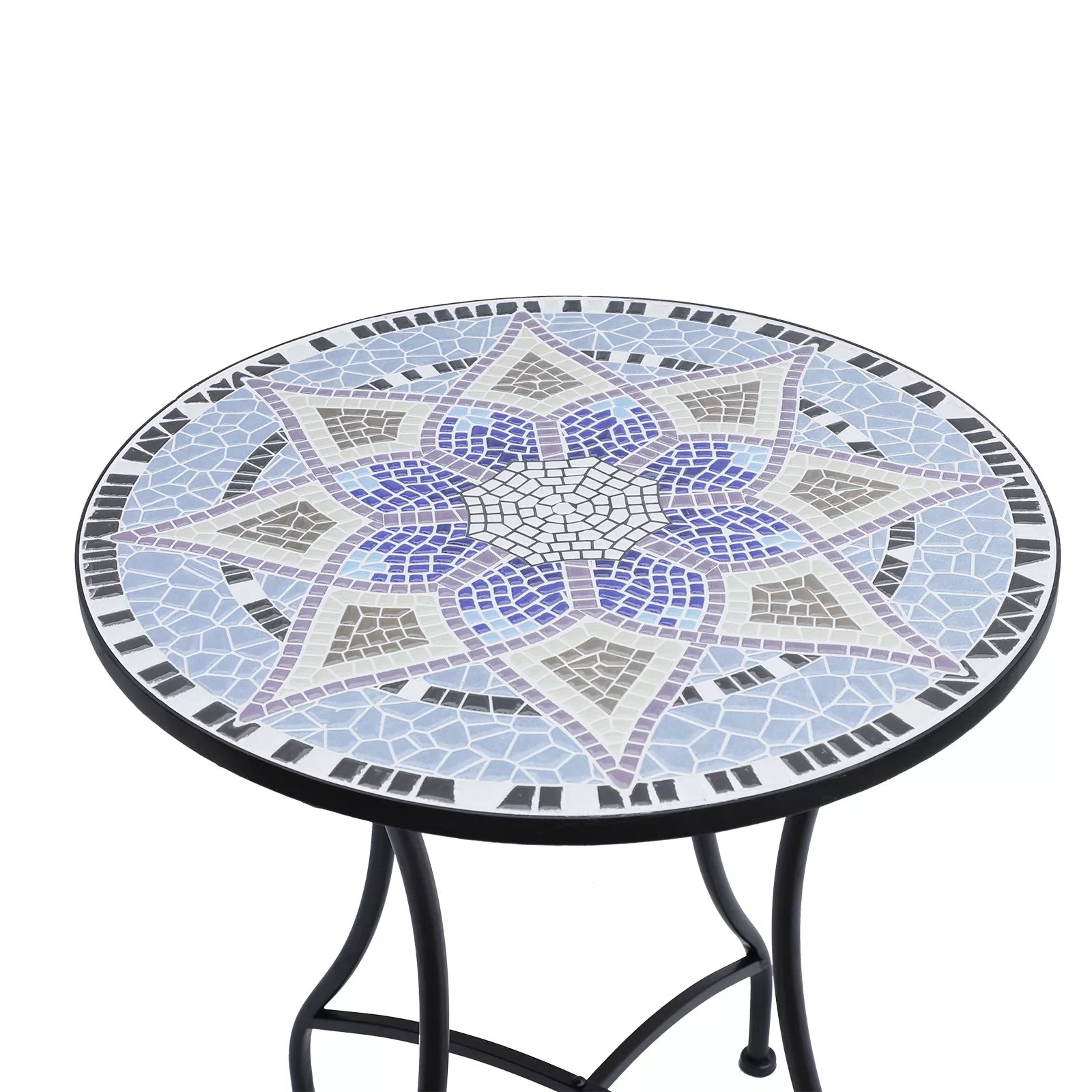 Sodo stalas Ø60 x H71cm, atsparus oro sąlygoms balkono stalas pagamintas iš metalo, lauko valgomojo stalas, kempingo staliukas, apvalus terasos stalas sodui, terasai, balkonui Mėlynas+Baltas