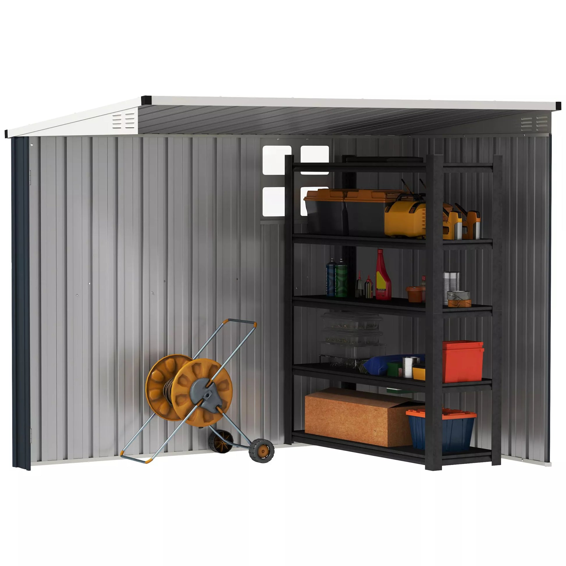 Lauko sandėliukas įrankiams ir sodui, su langais, vėdinimo angomis, užrakinamas, plieninis, tamsiai pilkos spalvos