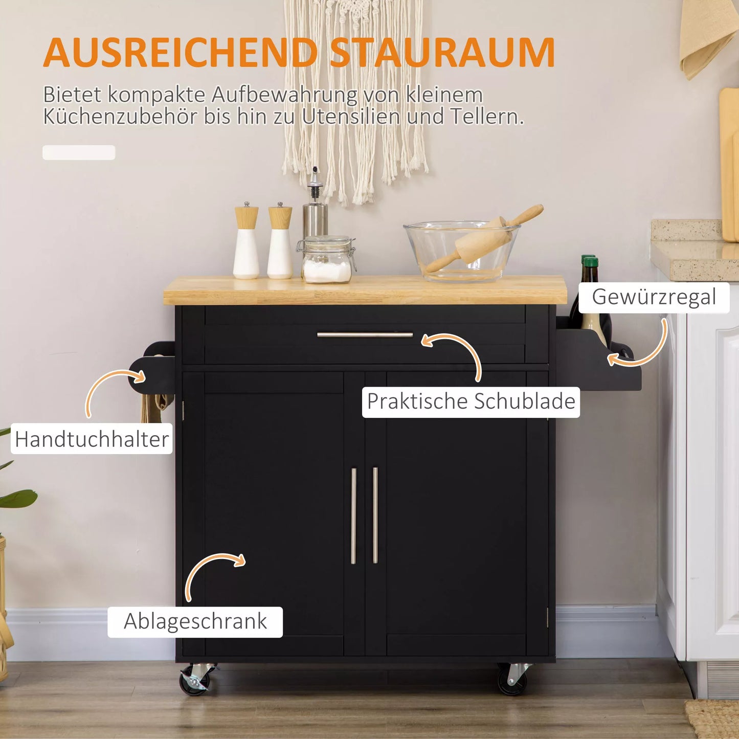 Virtuvės vežimėlis, padavimo vežimėlis, virtuvės sala, 1 prieskonių lentynėlė, 1 rankšluosčių laikiklis, 109 cm x 40 cm x 89 cm, juoda