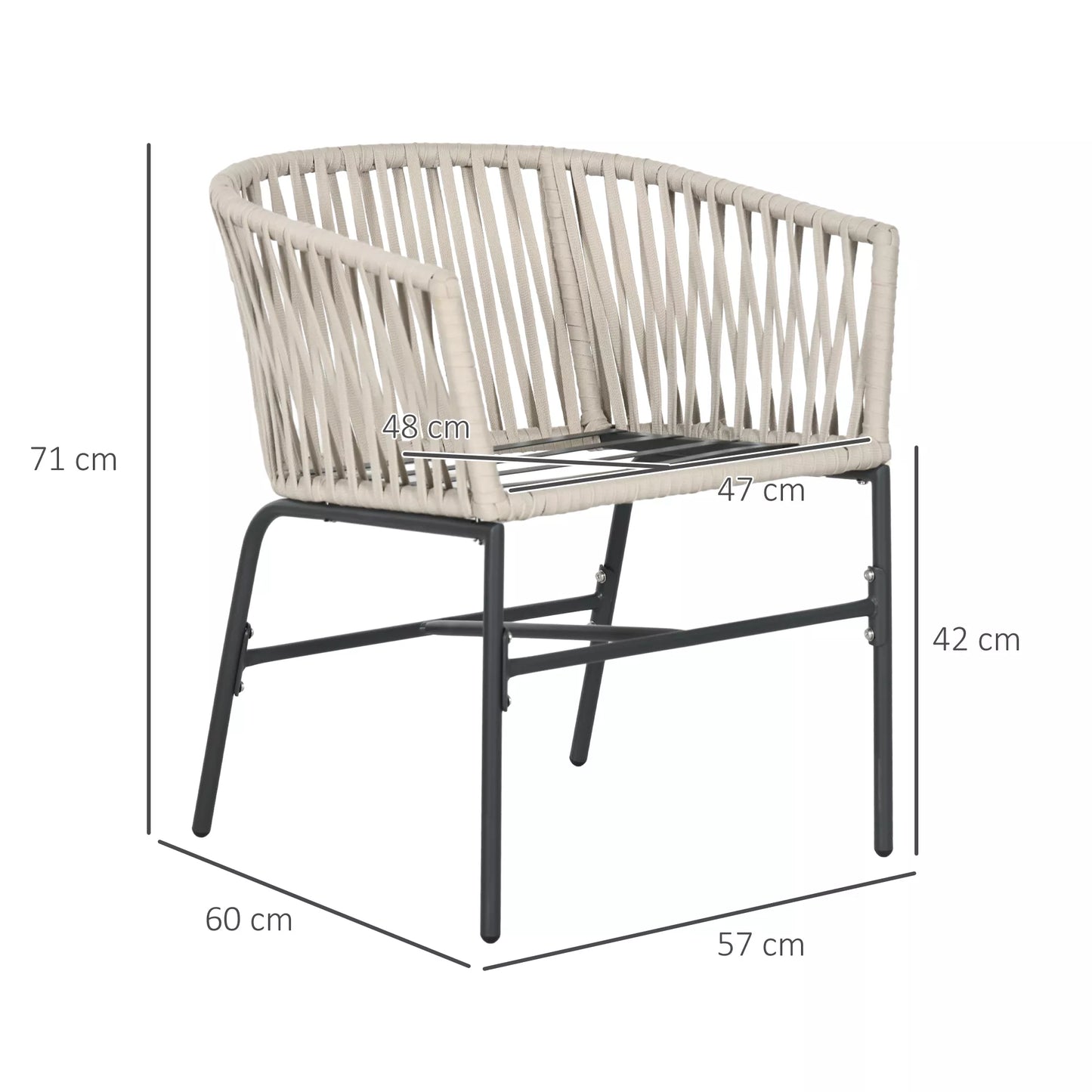 Lauko kėdžių komplektas (2 vnt.), Boho stiliaus, su patogiu sėdimuoju kaušu, pagalvėlėmis ir skalbiamu užvalkalu, metaliniu rėmu, smėlio spalvos.