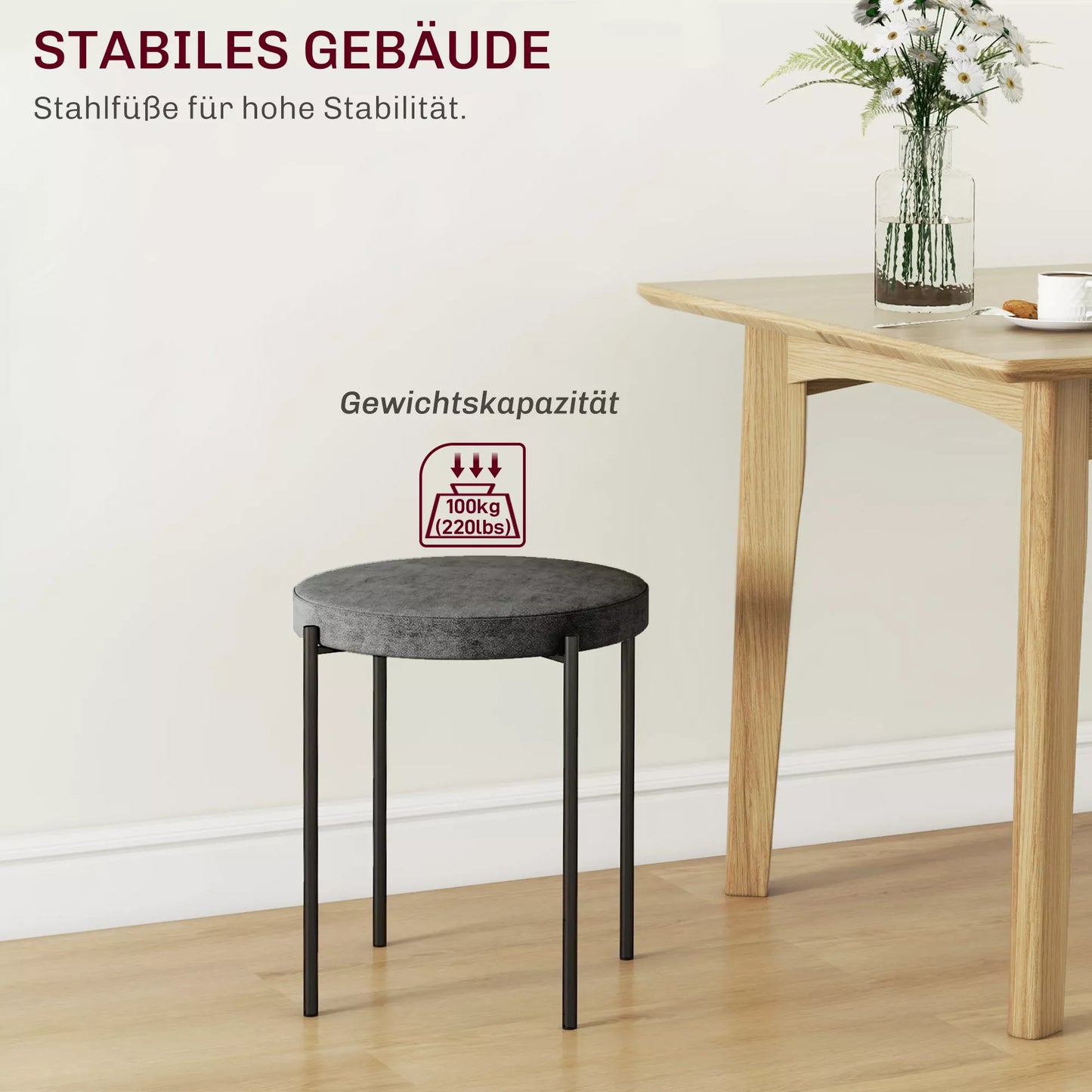 Virtuvinės taburetės 4 vnt. komplektas, sukraunamos, aksomo išvaizda, iki 100kg, plieninis rėmas, 41,5 x 41,5 x 46 cm, tamsiai pilka