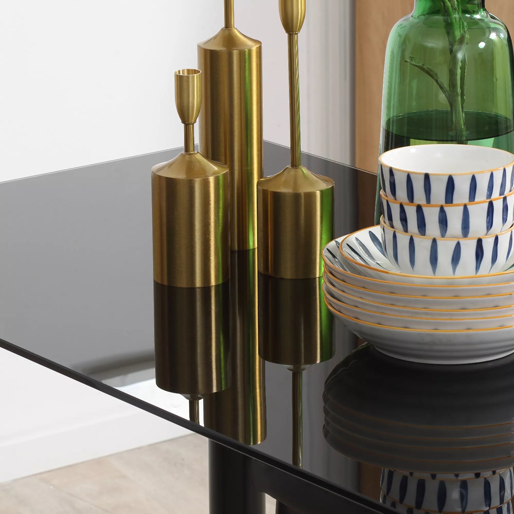 5 dalių valgomojo komplektas su 4 kėdėmis, modernaus dizaino, stiklinis stalas, juodas