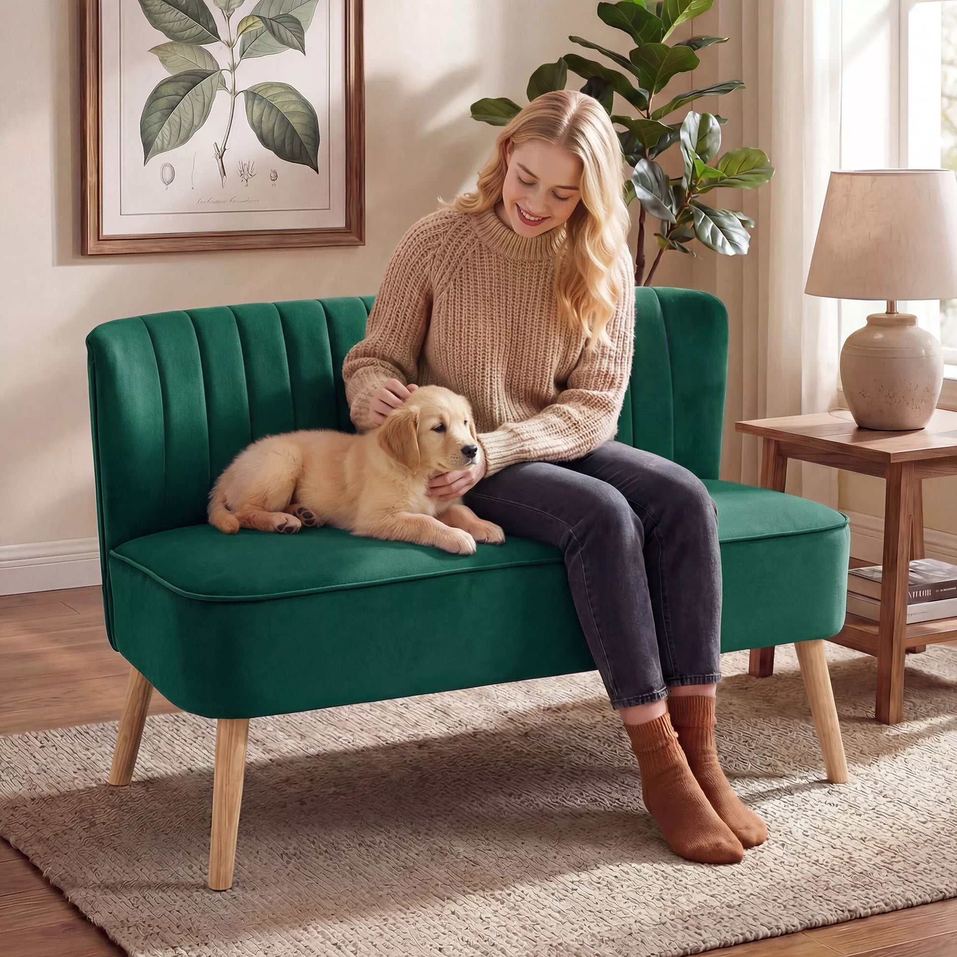 Sofa Retrodesign 2-vietė sofa, medinės kojos, 117 cm x 56,5 cm x 77 cm, tamsiai žalia