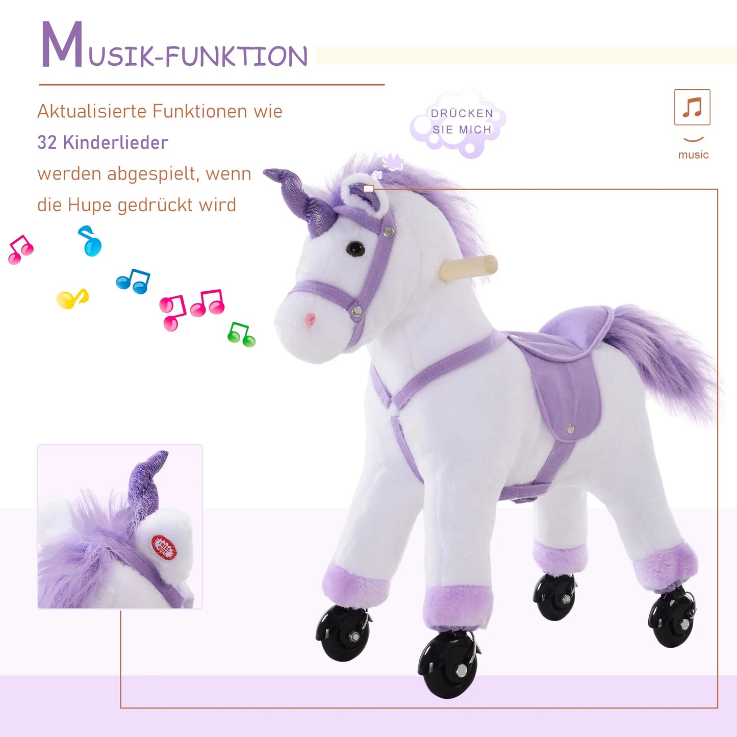 Važiuojamas arkliukas ant ratukų, minkštas, violetinis, 55 x 23 x 60 cm