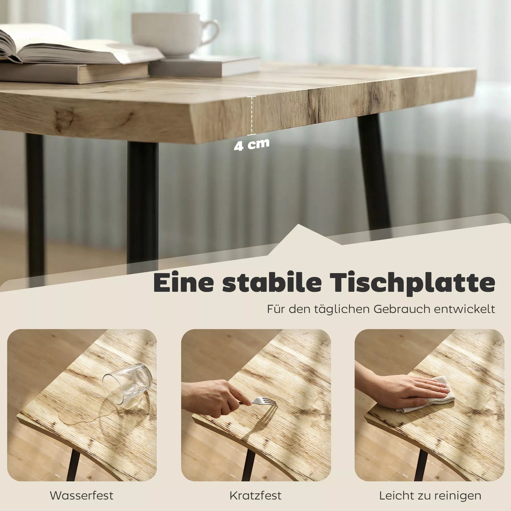 Ąžuolo imitacijos valgomasis stalas 4 asmenims, stačiakampis virtuvės stalas, plienas, laminuota plokštė 110 cm, ąžuolo