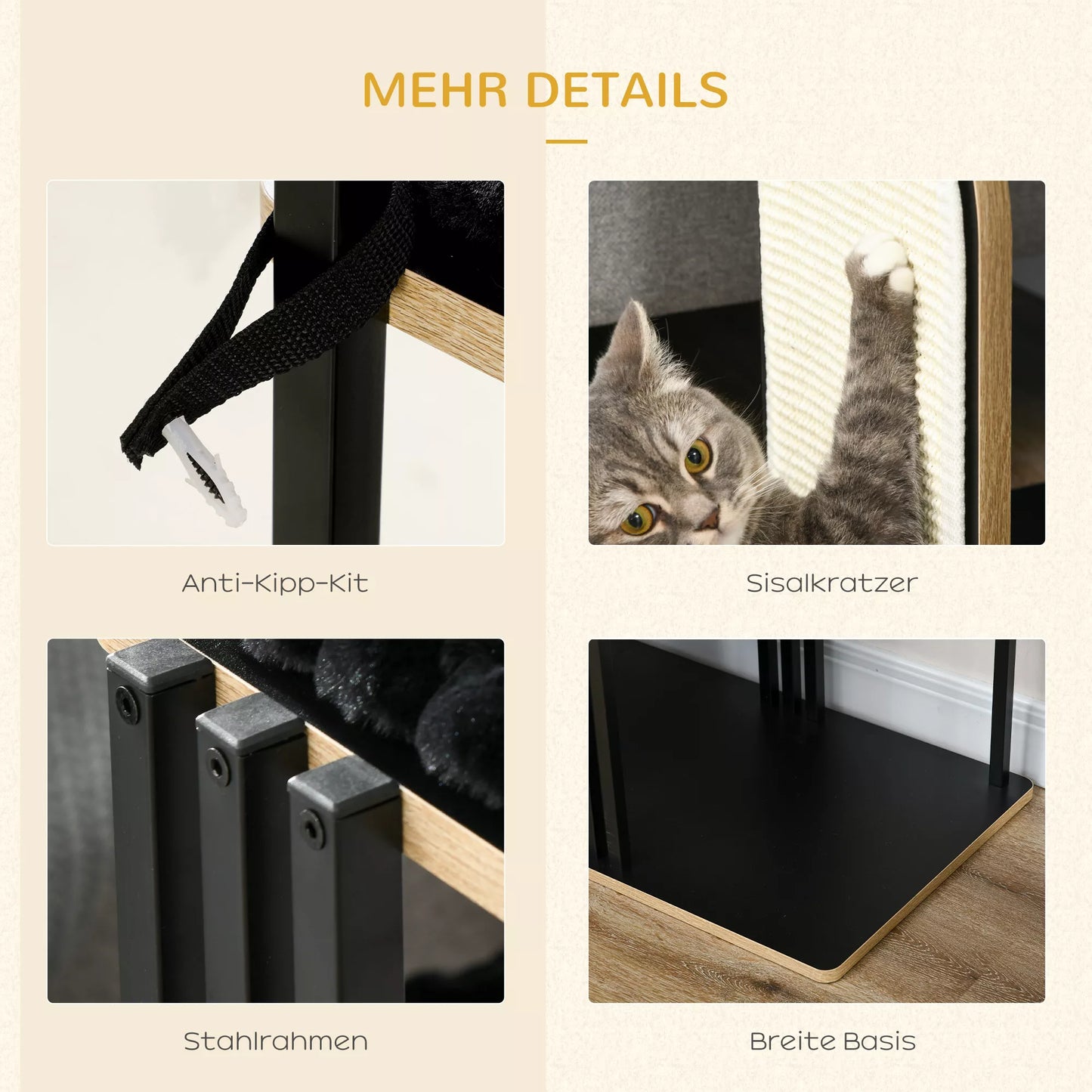 Kačių medis, pramoninio dizaino, 2 platformos, 2 gulimosios pagalvėlės, subraižymo sienelė, plieninis rėmas, juodos spalvos, 85 x 48 x 128 cm