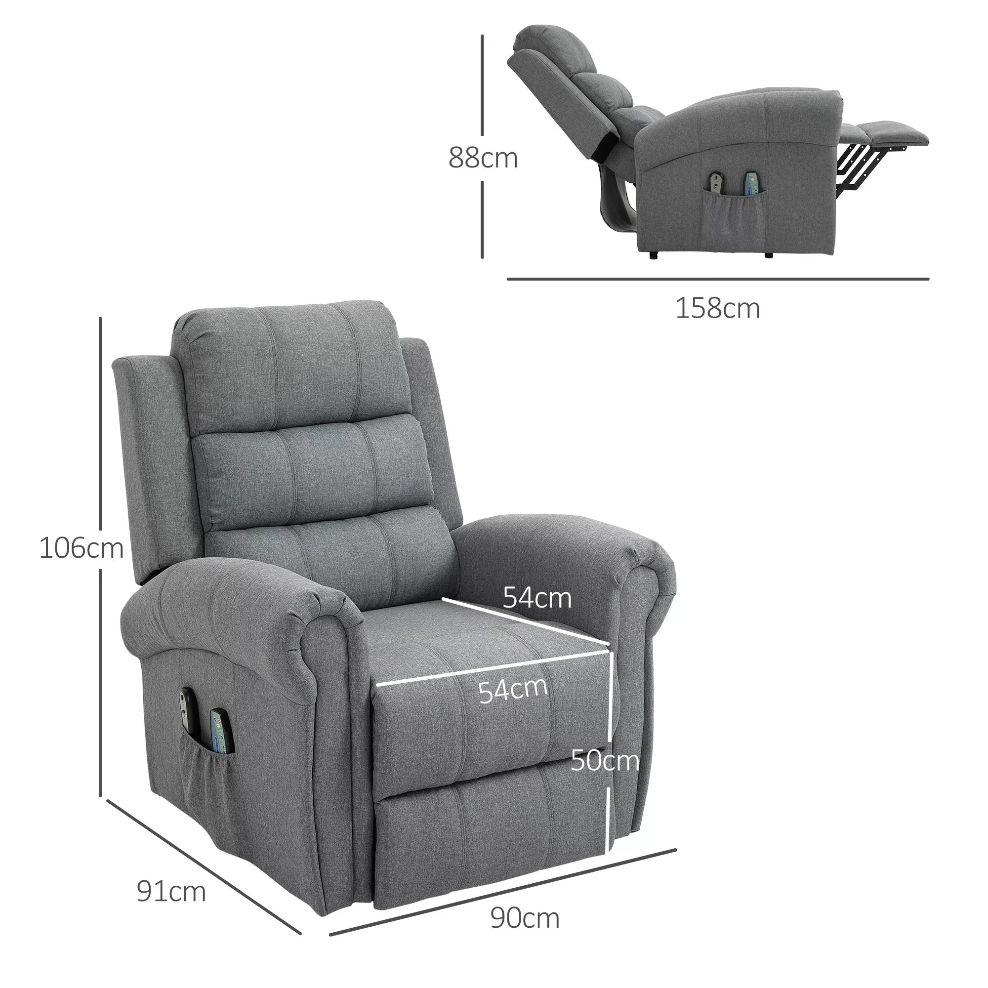 Elektrinis atsisėdimo fotelis, masažinis fotelis su šildymo funkcija, fotelis su pagalba atsisėsti, poilsio fotelis su nuotolinio valdymo pultu, linas, pilkas, 90 x 91 x 106 cm