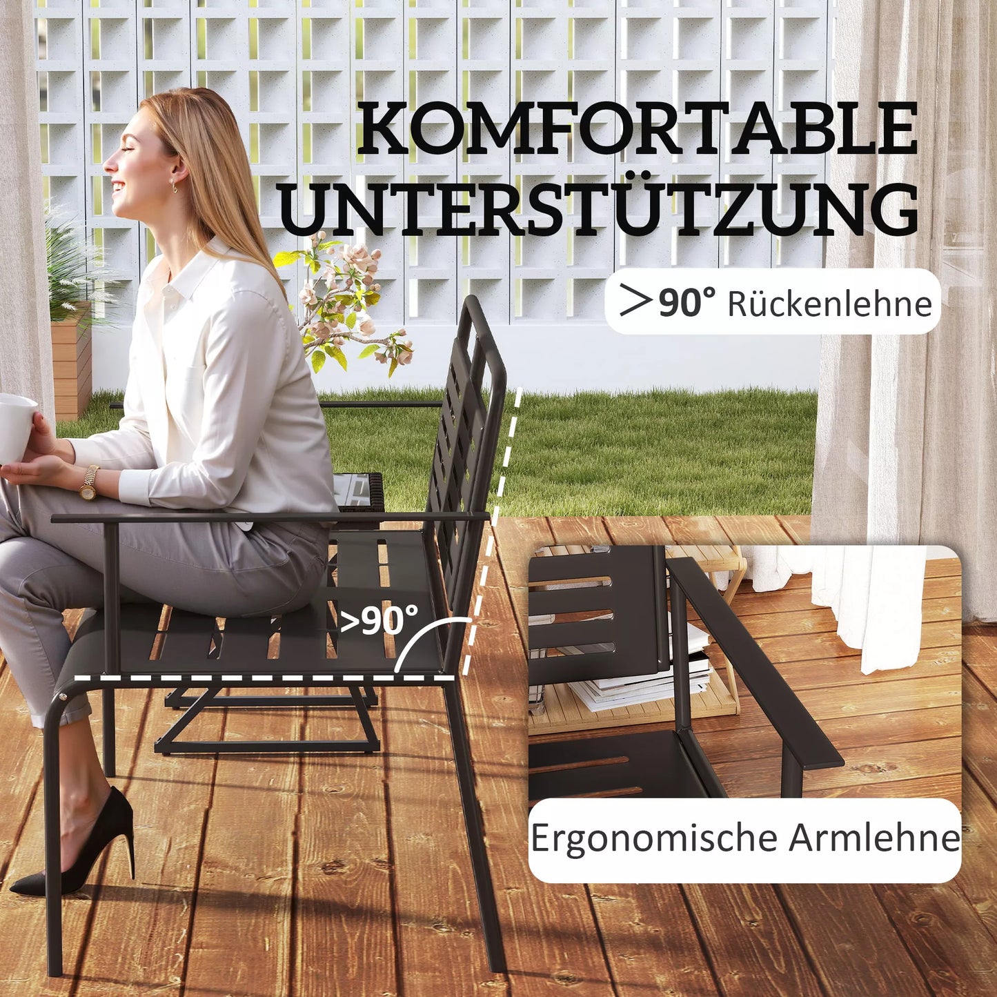 Dvivietis lauko suoliukas, atsparus oro sąlygoms, vandeniui atstumiantys lauko baldai su atlošu ir porankiais 121 x 64 x 84cm, juodas