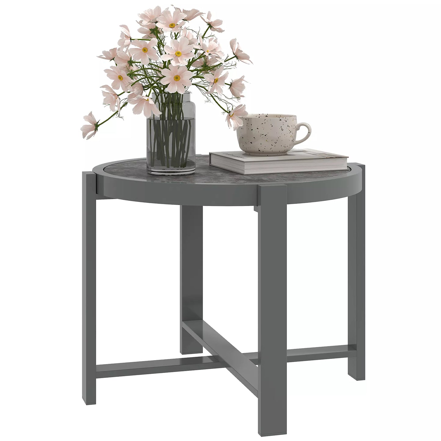 Apvalus lauko staliukas, atsparus oro sąlygoms, aliumininis balkono staliukas su pilka marmuro išvaizda