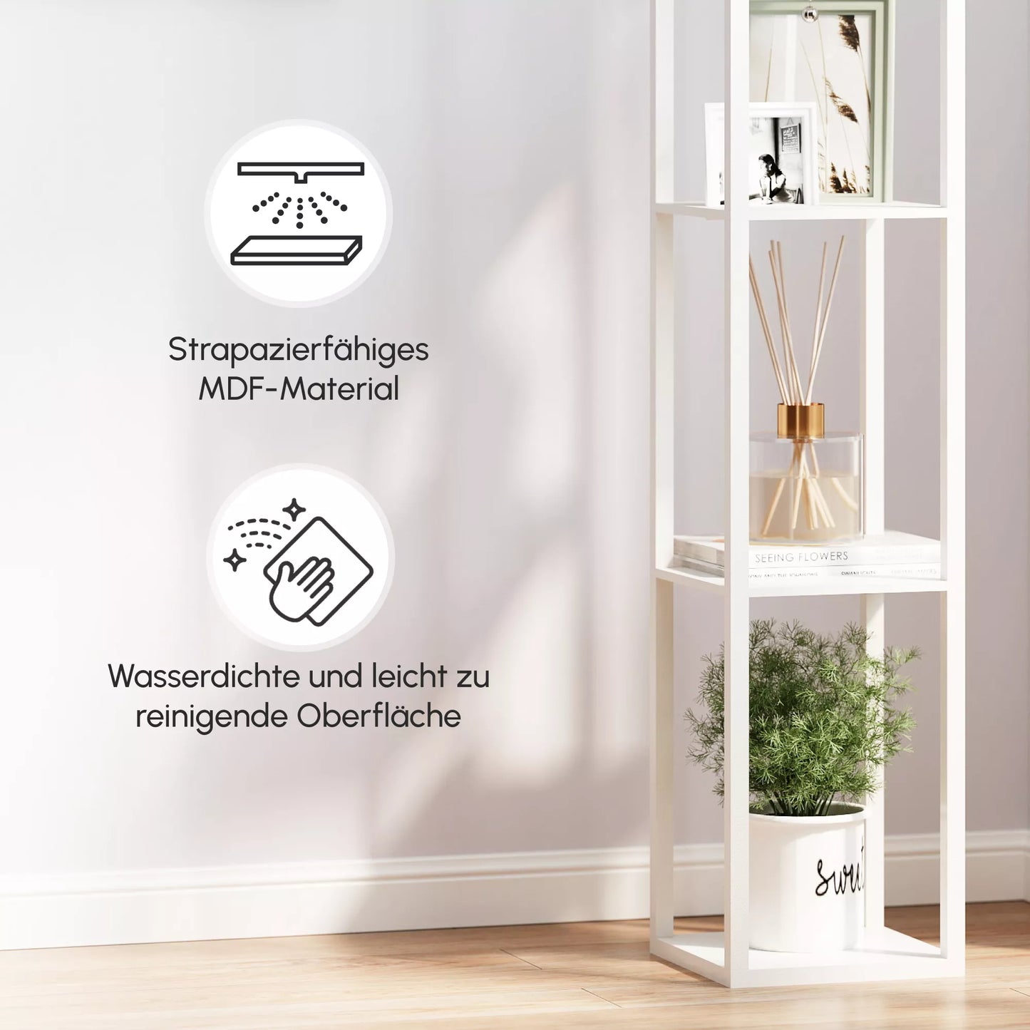 Pastelė lemputė su lentynomis, medinė grindų lempa, 26 x 26 x 160 cm, skirta svetainei/miegamajam (be lemputės)