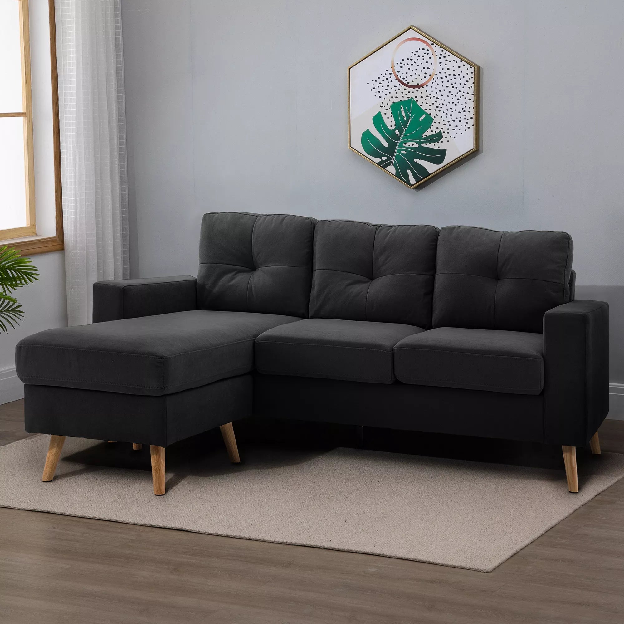 3 vietų sofa Kampinė sofa su chaise longue, su sagčių apdaila, 193 x 136 x 85 cm, Juoda