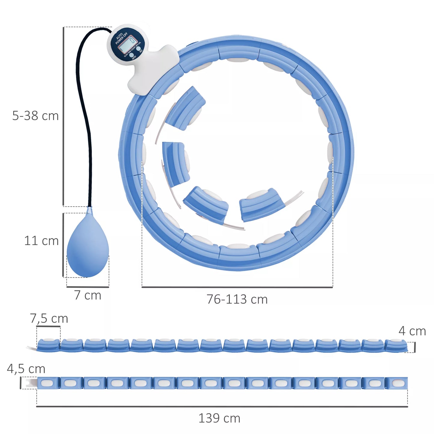Išmanusis Hula Hoop lankas suaugusiems su svorio kamuoliuku, skaitliuku, 16 segmentų (76-113cm), šviesiai mėlynas