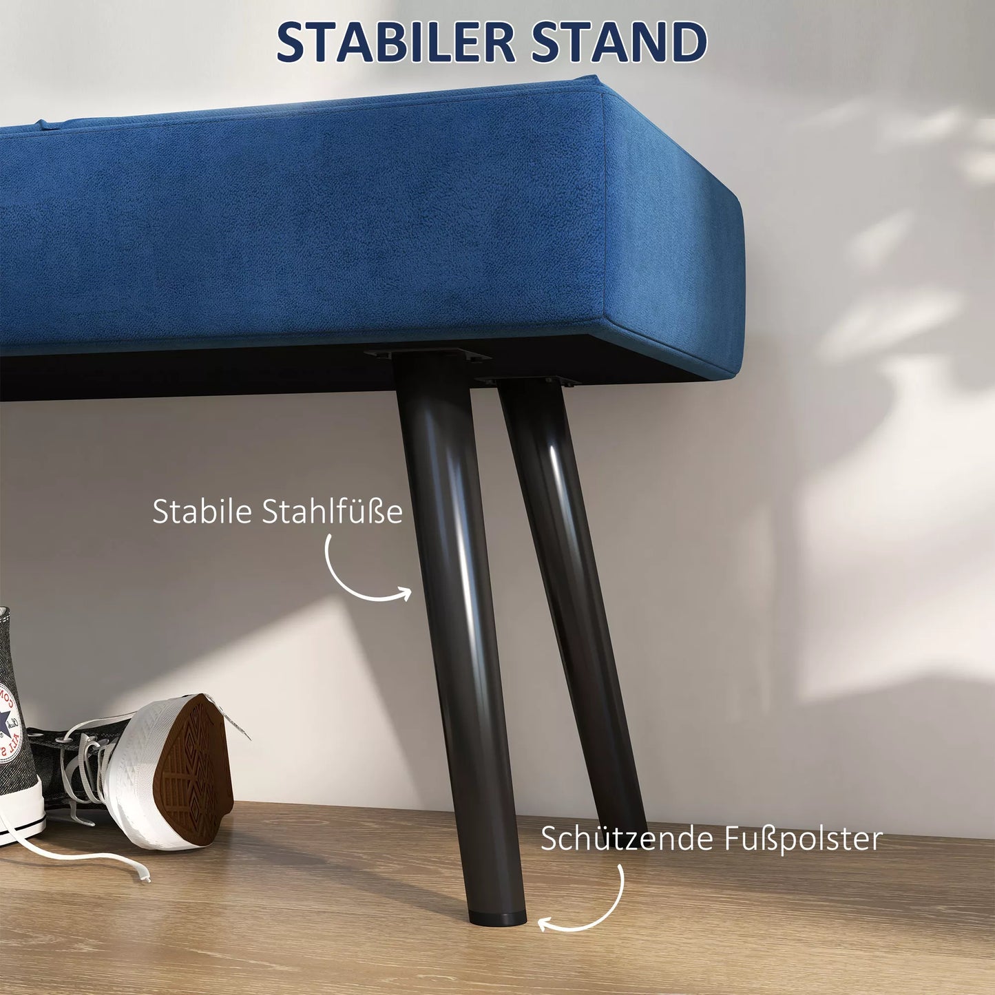 Minkštas suoliukas, miegamojo suoliukas, aksominė išvaizda, 100 x 36 x 45 cm, mėlynas