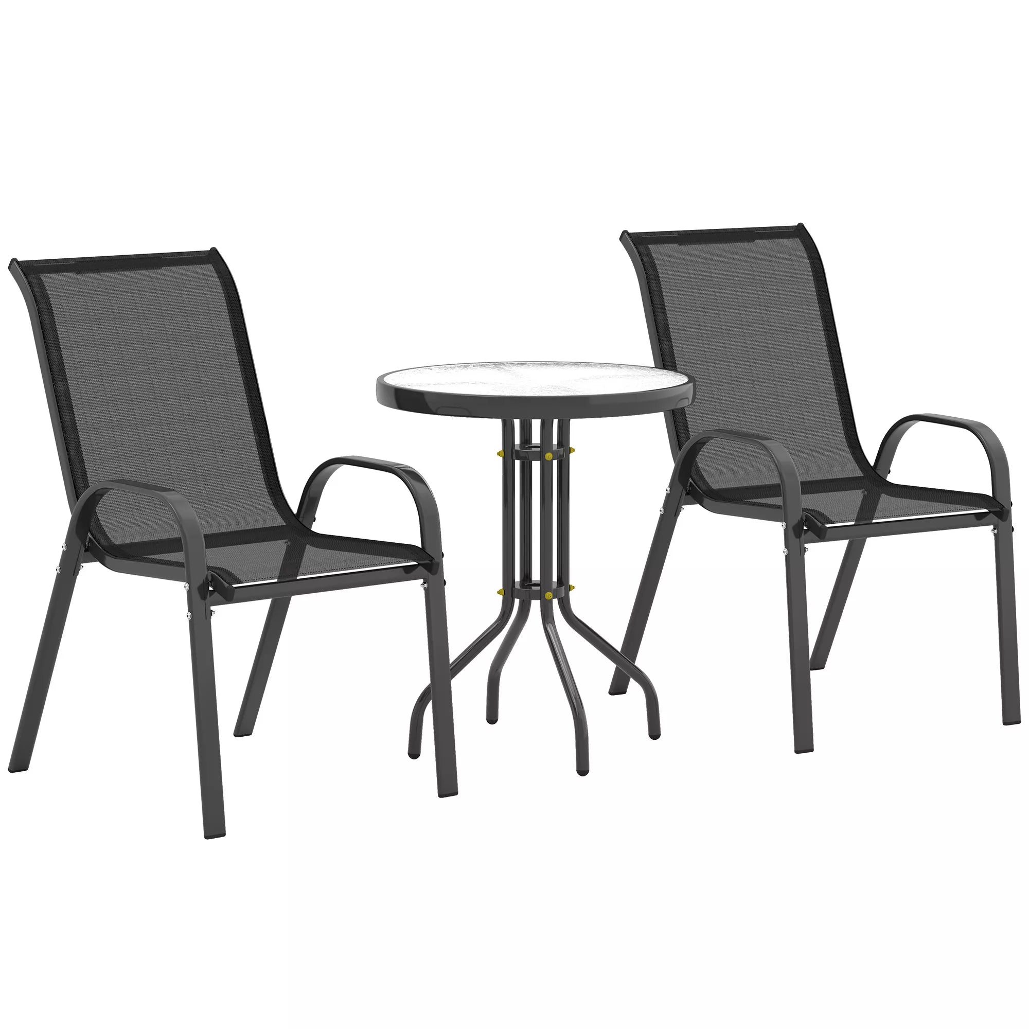 Lauko baldų komplektas 3 dalių balkonui ir sodui, su grūdinto stiklo staliuku, sudedamos kėdės, tekstilenas ir plienas, juodos spalvos