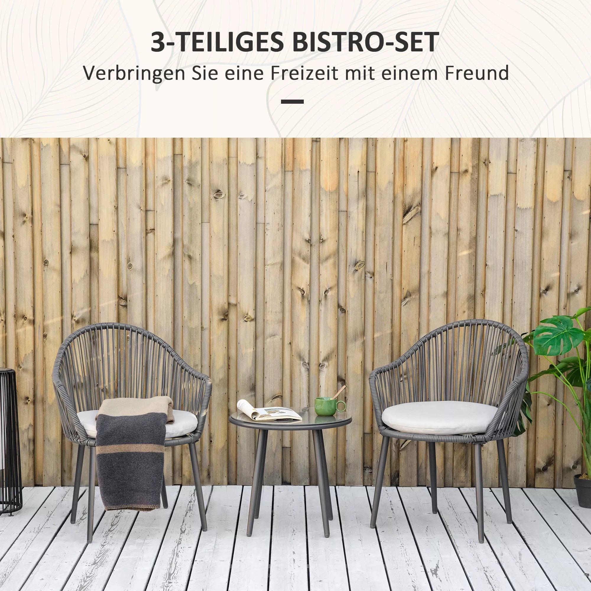Bistro komplektas, rotango sofos komplektas, lauko baldų komplektas, 2 kėdės, 1 stalas, atsparus oro sąlygoms, 65 x 63 x 80 cm, Tamsiai pilkas + Šviesiai pilkas