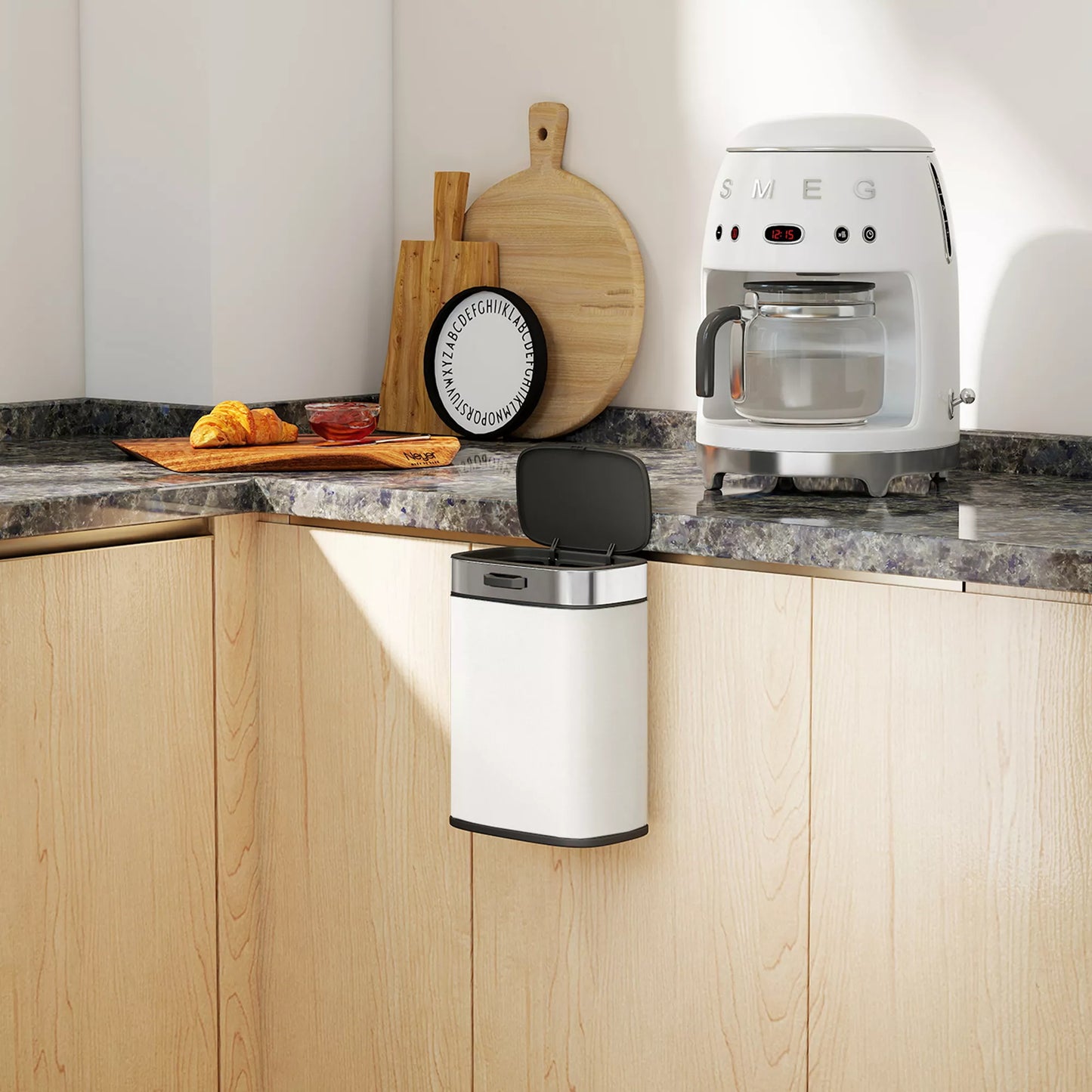 5 L šiukšliadėžė, pastatoma laisvai arba pakabinama, nerūdijantis plienas, kreminės baltos spalvos