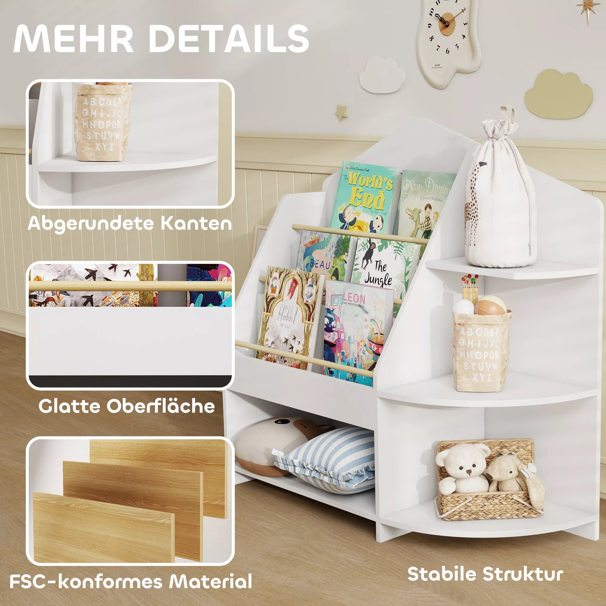 Vaikų lentynos su 7 lentynomis knygoms, žaislams, su apvaliais kraštais, atlaiko 40 kg svorį, baltos spalvos