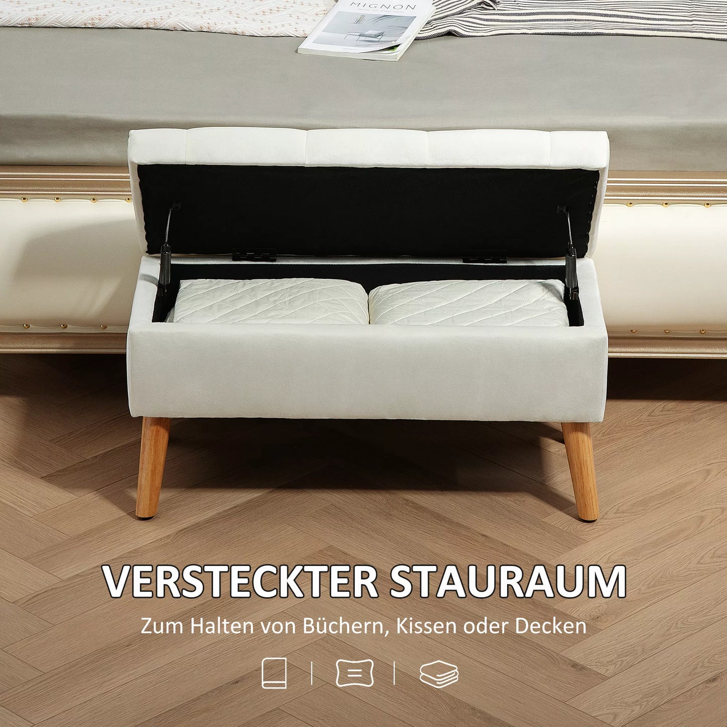 Puslys su daiktadėže, aksominio audinio apmušalas, medinės kojelės, skirta svetainei, miegamajam, koridoriui, 80 x 35 x 42 cm, balta